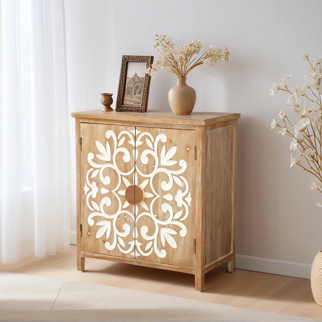 Small Entryway Cabinet with Storage - Farmhouse Cabinet for Living Room, Decorative Storage Cabinet with Floral Carvings, Antique Brown & White Accent Cabinets