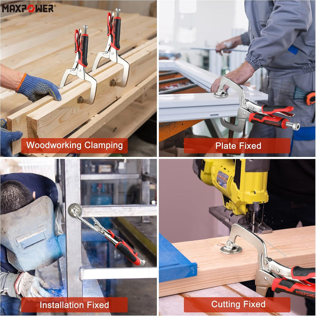 MAXPOWER 11-Inch Locking C Clamp Set, 2 Pack Metal Face Clamp with Large Flat Swivel Pads, Adjustable Heavy Duty C Clamps Locking Pliers for Woodworking, Carpentry, Cabinetry, Welding and Repair