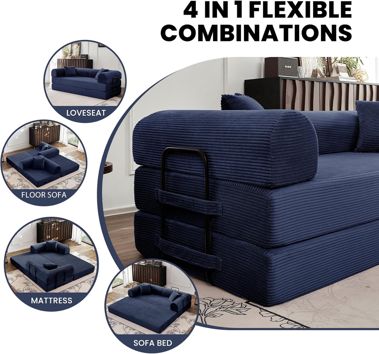 79'' Convertible Sleeper Sofa Bed, 5 in 1 Folding Floor Couch with Pull Out Bed, Modular Corduroy Sofa with Cushions for Living Room Apartment Bedroom Guest Room Use (Blue)