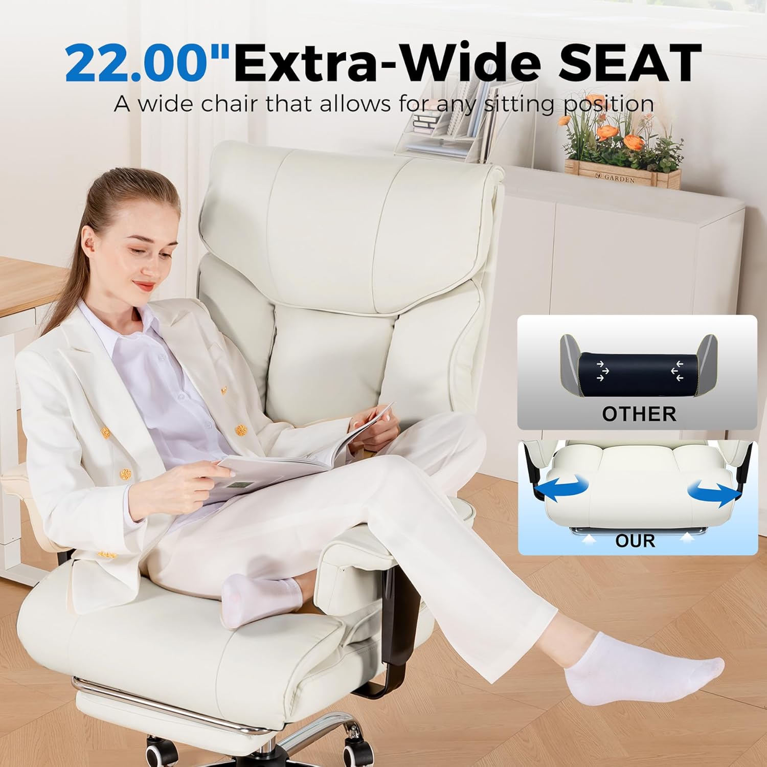 GTPLAYER Big and Tall Gaming Chair 400lbs Heavy Duty Office Chair with Foot Rest & Ergonomic Pocket Spring Cushion, High Back Lumbar Support for Lower Back Pain Relief, Beige