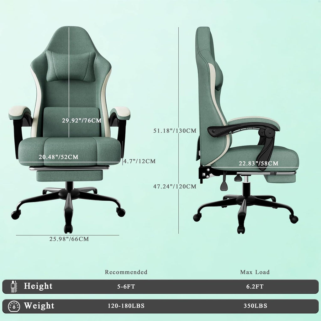 Gaming Chair, High Back Fabric Computer Chair with Pocketed Spring Cushion and Footrest, Height Adjustable Game Chair with Headrest and Lumbar Support (Beige & Blue)