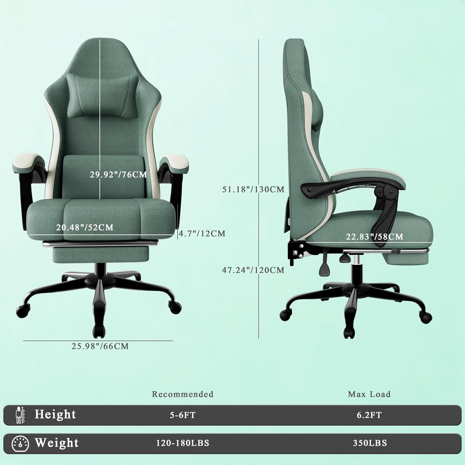 Gaming Chair, High Back Fabric Computer Chair with Pocketed Spring Cushion and Footrest, Height Adjustable Game Chair with Headrest and Lumbar Support (Beige & Blue)