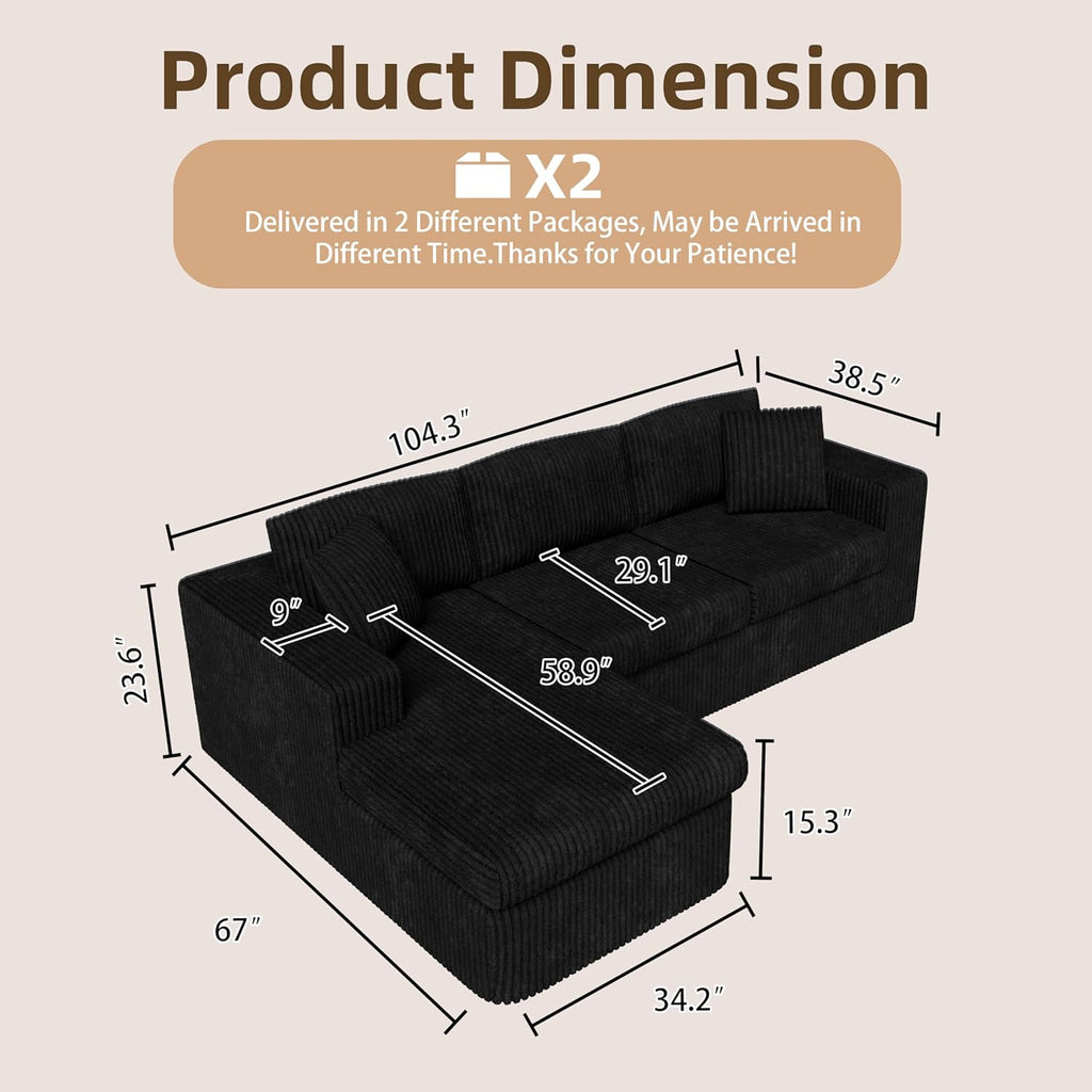 Shintenchi 105" Modular Sectional Sofa, Boneless L Shaped Couch with Deep Seat, Cloud Foam Couch with Oversized Chaise, Plush Corduroy Sofa No Assembly Needed for Living Room, Black