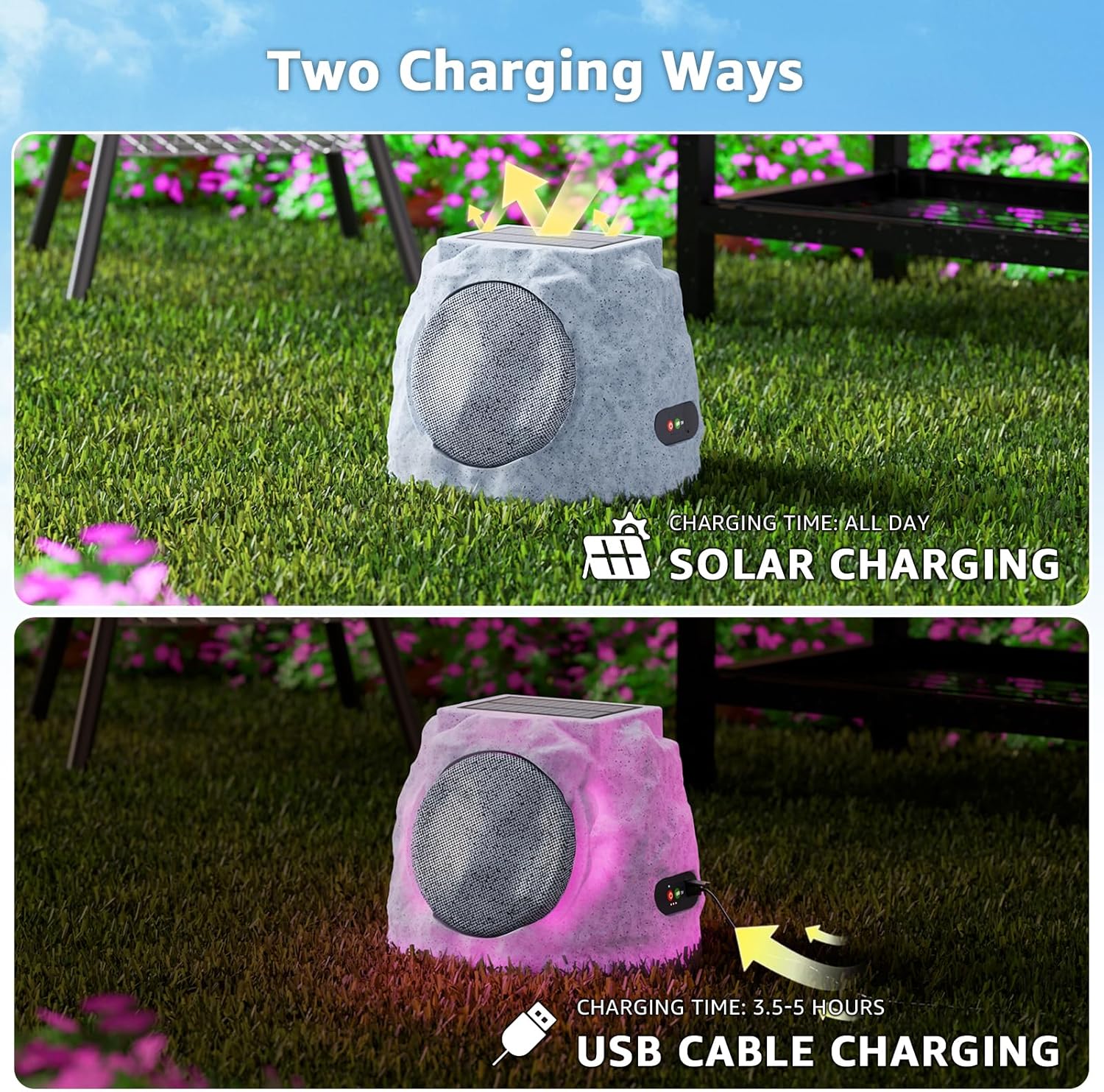Rock Speakers Outdoor Water-Resistant IP44, Multi-Sync Up to 100 Speakers, Solar-Powered Rock Speaker with Light for Patio Garden Party Pool Deck Yard Outside