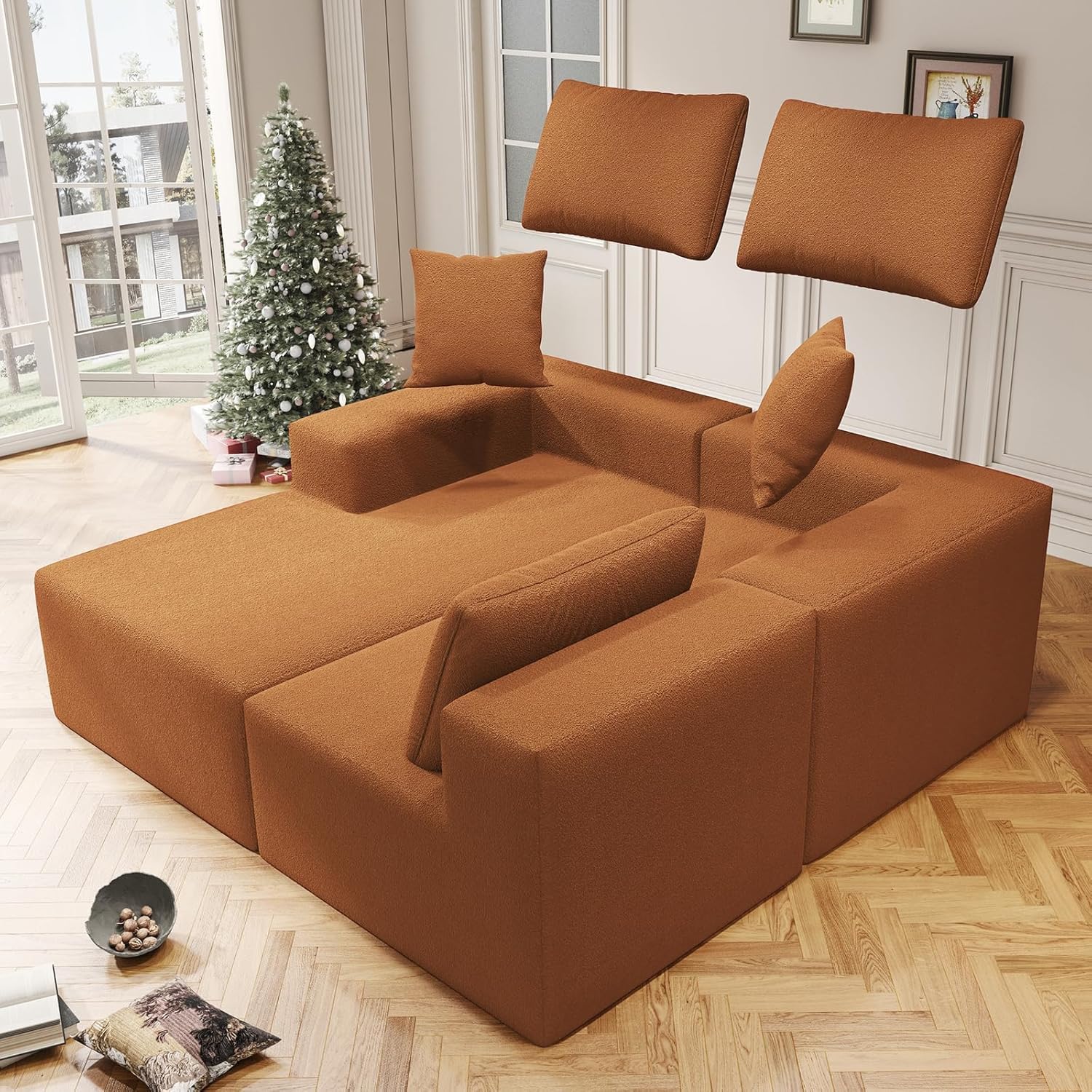 108" Orange Boneless Cloud Couches for Living Room L Shapes Sectional Sofa with Chaise Lounge, Comfy Teddy Fabric Memory Foam Couch Including Throw Pillow and Backrest - Removable Washable