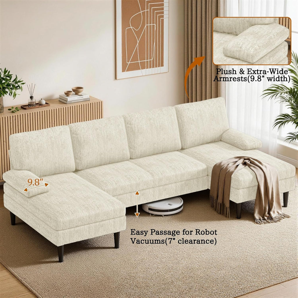 Korser U-Shaped Sectional Couches for Living Room, 101 Inch Modern Modular Sofa with Double Chaise Lounge, Comfy Chenille Fabric 4-Seat Couch Set for Apartment, Beige