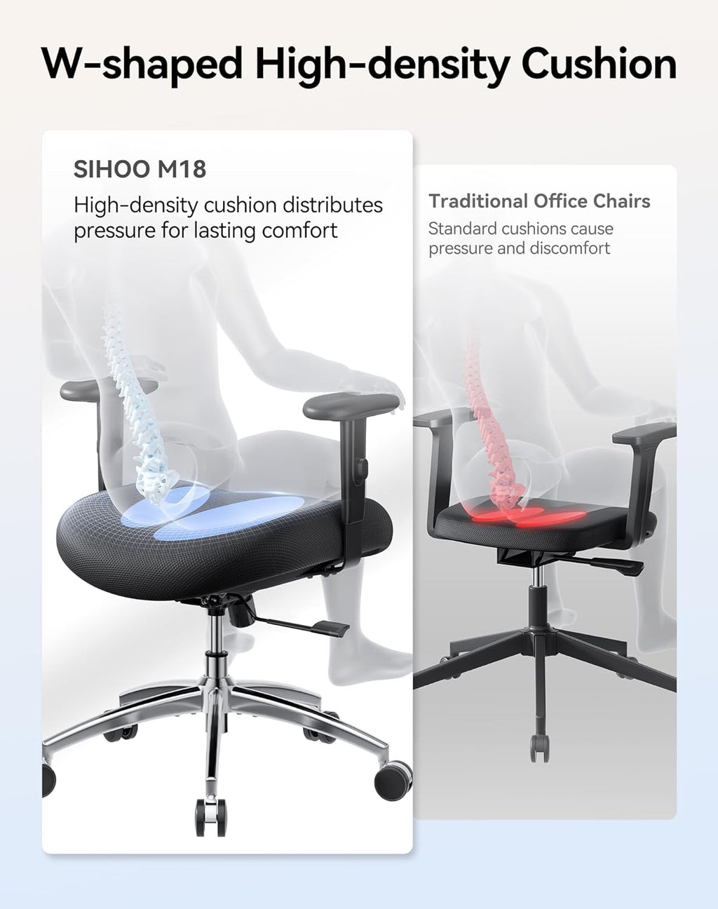 SIHOO M18 Ergonomic Office Chair, High Back Mesh Desk Chair with Adjustable Headrest & Lumbar Support, 330lbs Capacity Computer Chair with 2D Armrests & Wide Cushion, Tilt Lock, for Home Office-Black