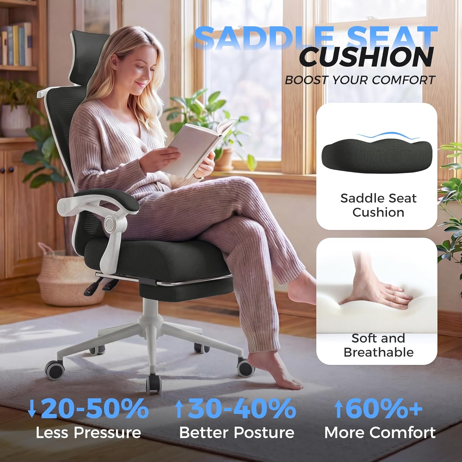 Ergonomic Office Chair with Footrest - Adjustable Lumbar Support & Headrest, 90-160° Reclining Mesh Back Computer Chair - Home Office/Gaming, 350lbs Capacity