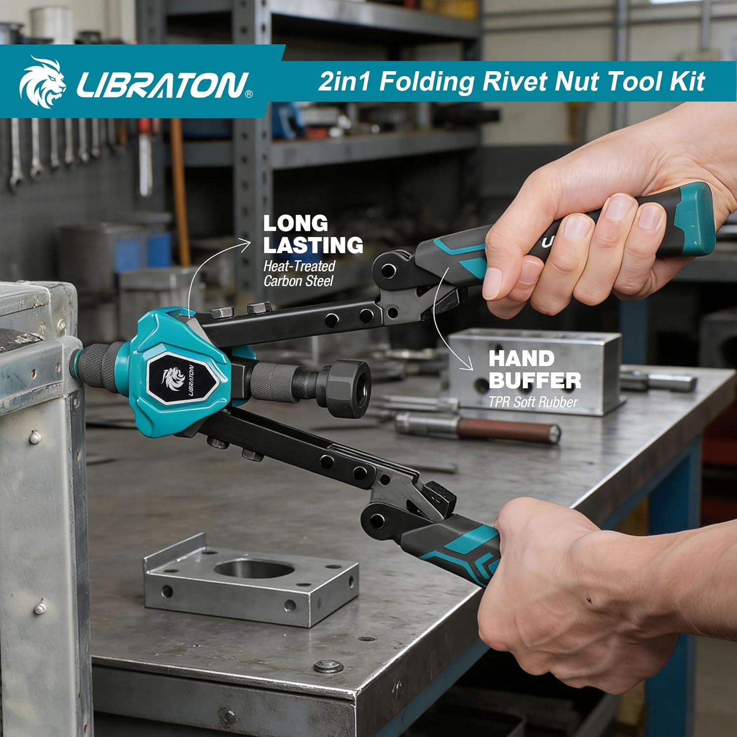 LIBRATON 2in1 Rivet Nut Tool and Rivet Gun Kit Folding, with 11 Mandrels (Metric & SAE) & 5 Nose Pieces (2.4-6.4mm), Includes 100 Nuts & 200 Pop Rivets, Folding Heavy Duty Hand Tool for DIY & Repair