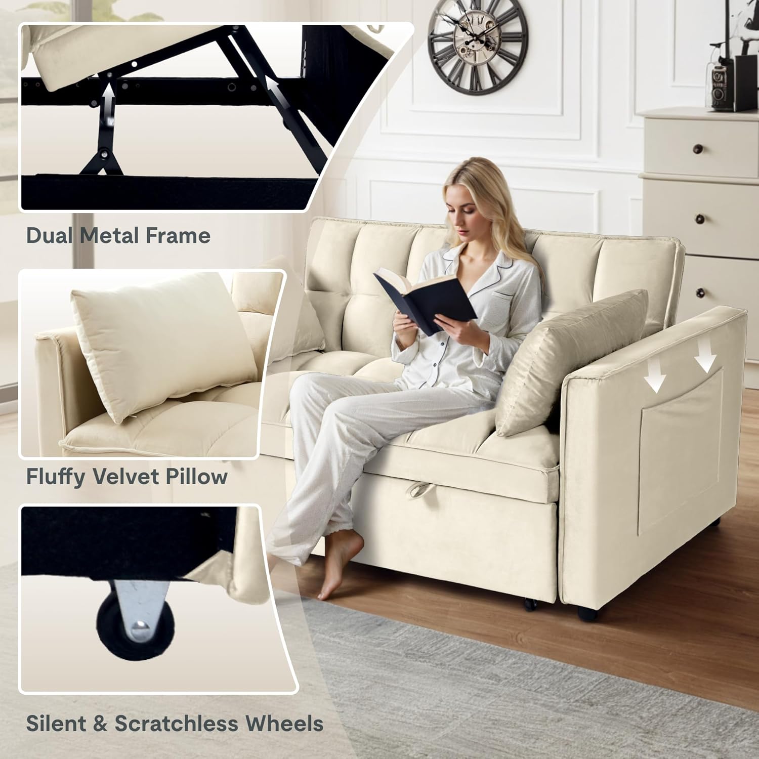 FLEXISPOT XCT4 Pull Out Couch, 3-in-1 Sleeper Sofa Bed with Adjustable Backrest, Loveseat Sleeper with Pillows & Side Pockets, Convertible Futon Couch for Small Spaces Guest Room Apartment, Cream