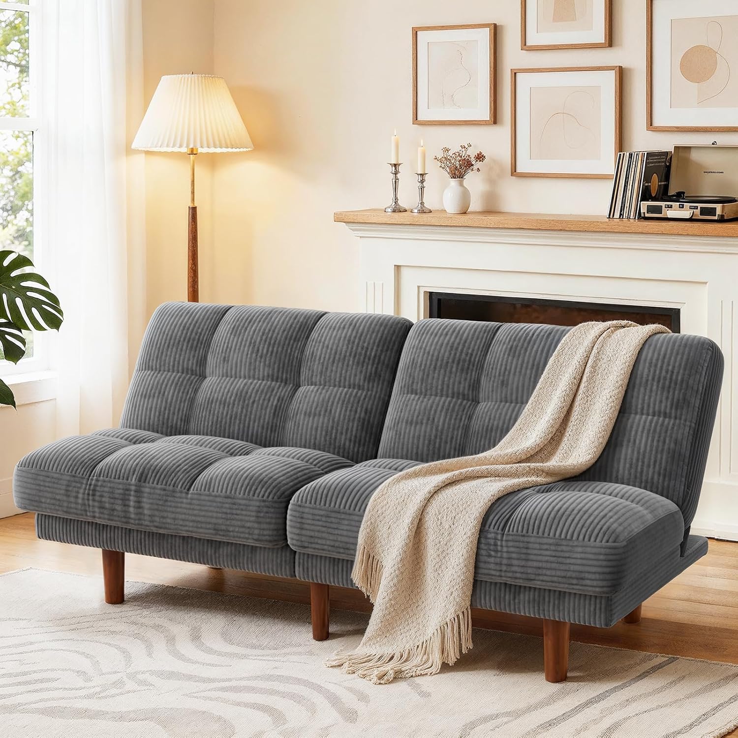 Marsail 65" Futon Sofa Bed, Convertible Small Recliner Sleeper Sofa Bed with Adjustable Backrest, Corduroy Loveseat Futon Couch for Small Apartments, Living Room Office, Guest Room (Grey)