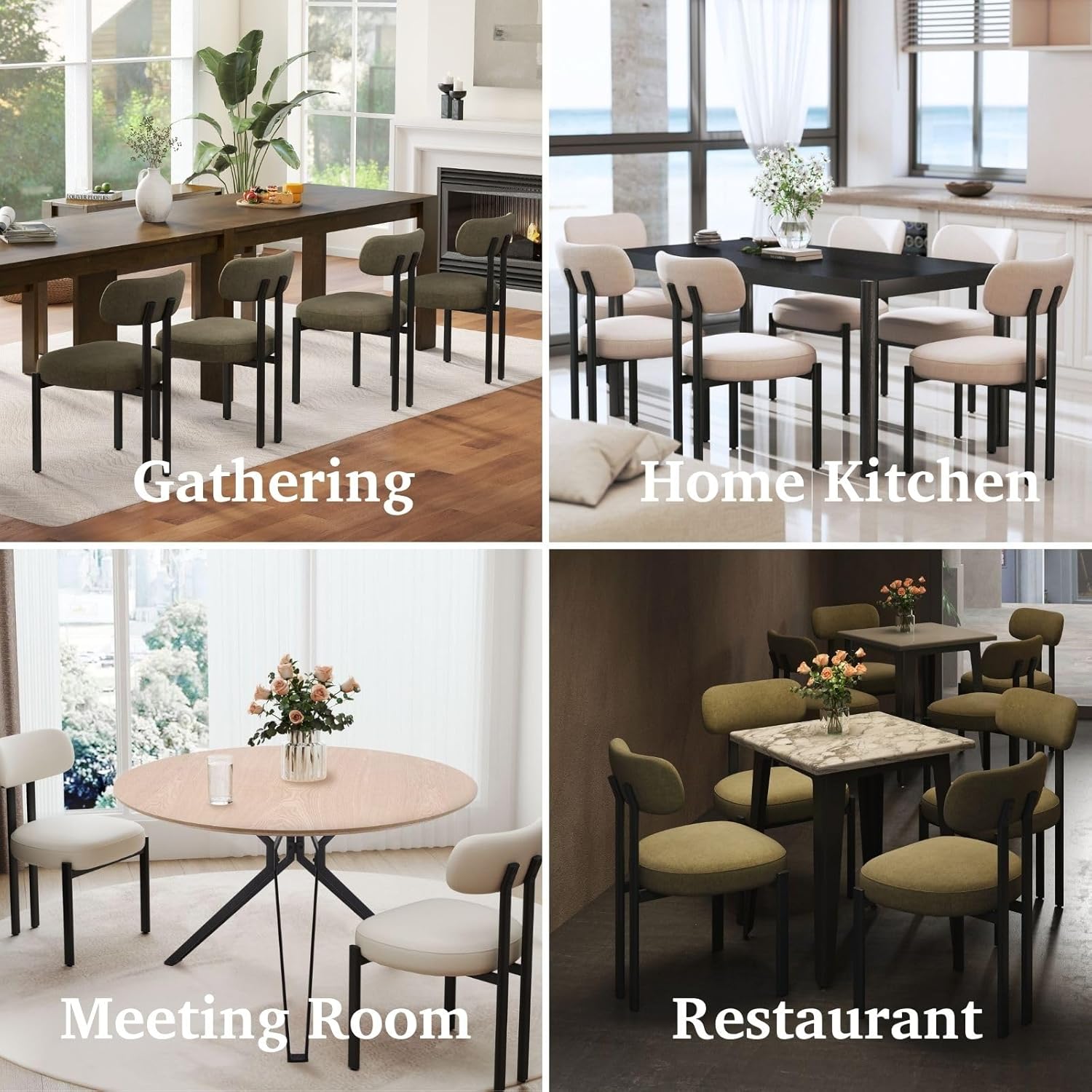 LukeAlon Linen Dining Chairs Set of 6, Curved Back Modern Side Chairs Upholstered Armless Reception Guest Chair with Black Metal Legs for Kitchen Restaurant Dining Room, Light Beige