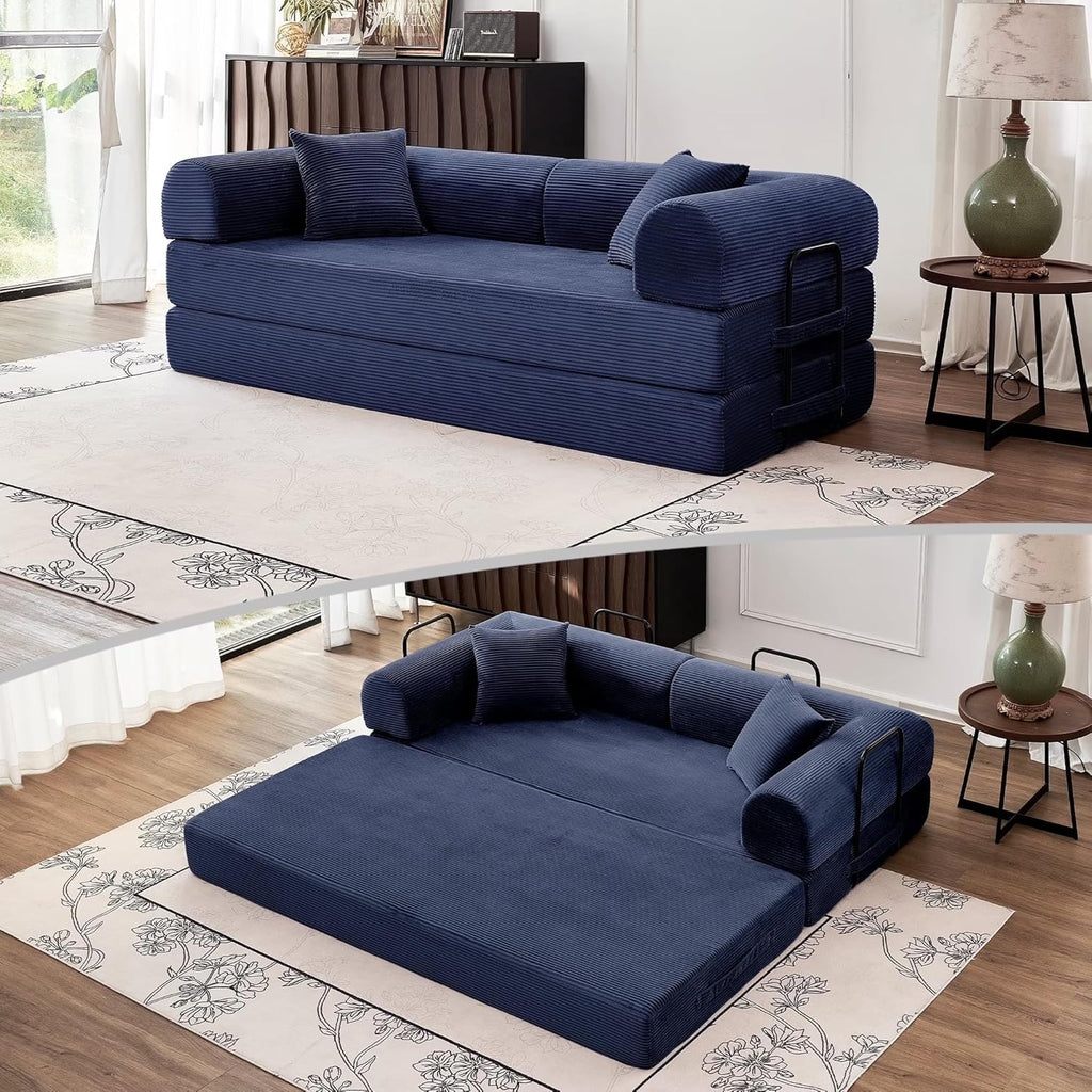 79'' Convertible Sleeper Sofa Bed, 5 in 1 Folding Floor Couch with Pull Out Bed, Modular Corduroy Sofa with Cushions for Living Room Apartment Bedroom Guest Room Use (Blue)