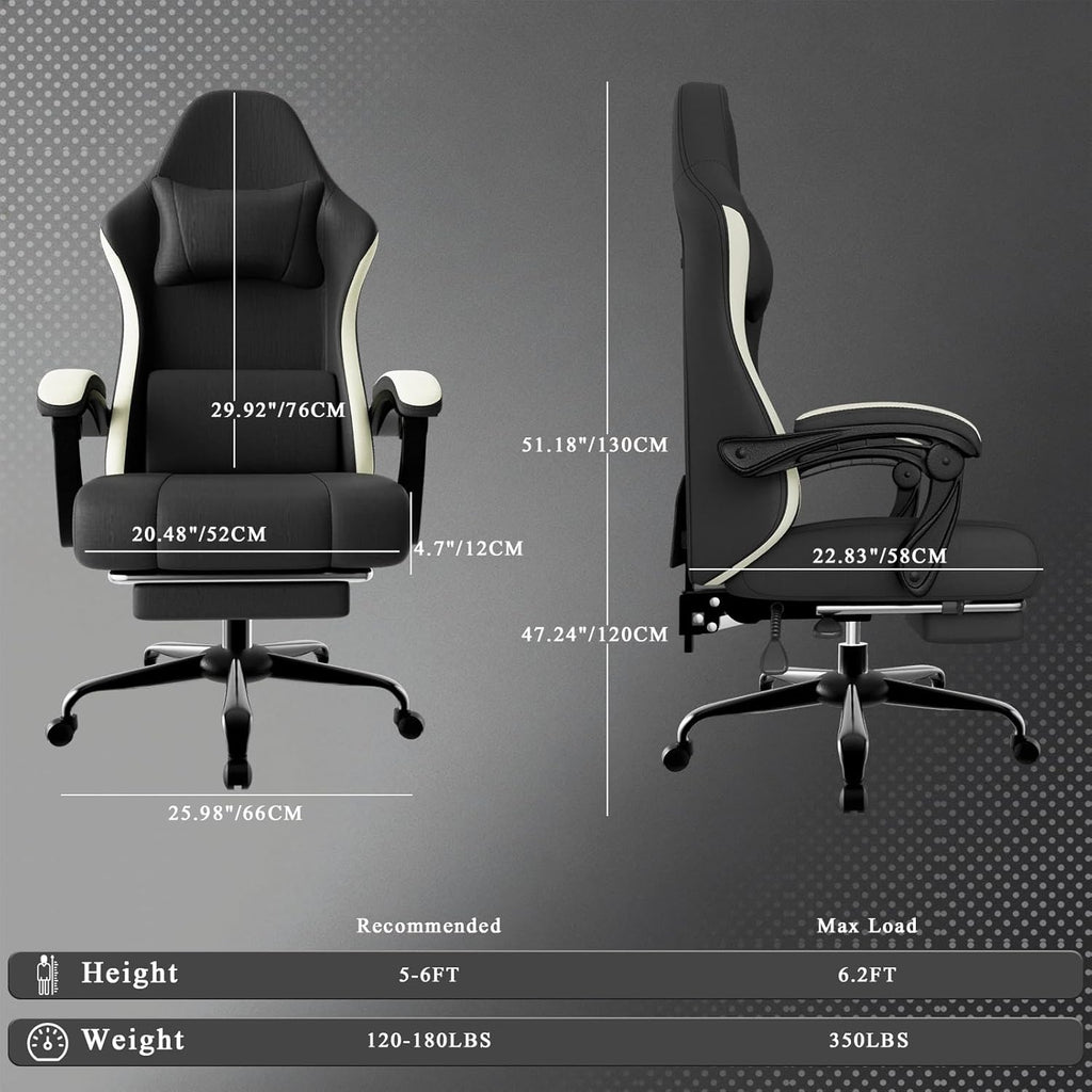 Gaming Chair, High Back Fabric Computer Chair with Pocketed Spring Cushion and Footrest, Height Adjustable Game Chair with Headrest and Lumbar Support (Beige & Black)