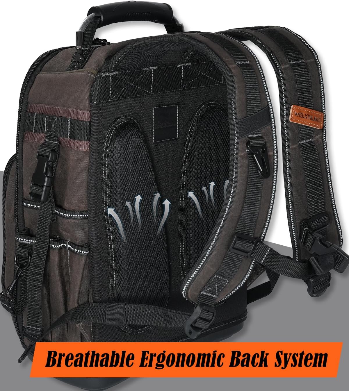 WELKINLAND 36-Pockets Electrician Backpack, Hard-Based HVAC Backpacks, Waxed-Canvas Technician Backpack, Heavy-Duty Tool Backpacks For Men