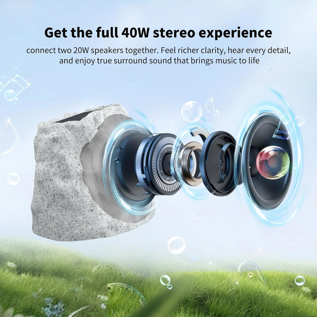 Outdoor Speakers Solar Powered & USB-C Rechargeable, Rock Speakers TWS Pairing Wireless Outdoor Speaker Bluetooth 5.4, LED Light Show, Waterproof, ideal for Backyard BBQ, Garden, Poolside (2-Pc,Grey)