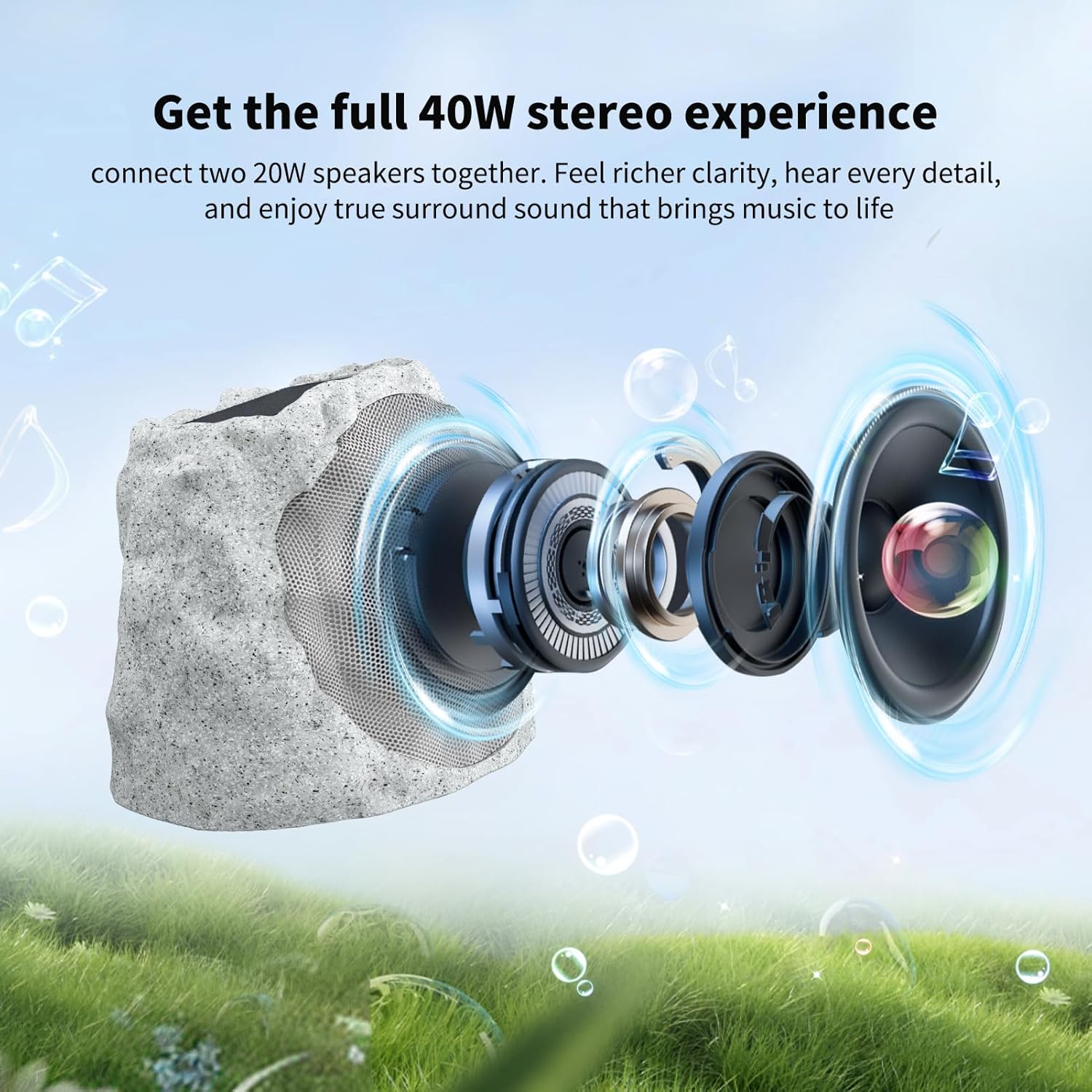 Outdoor Speakers Solar Powered & USB-C Rechargeable, Rock Speakers TWS Pairing Wireless Outdoor Speaker Bluetooth 5.4, LED Light Show, Waterproof, ideal for Backyard BBQ, Garden, Poolside (2-Pc,Grey)