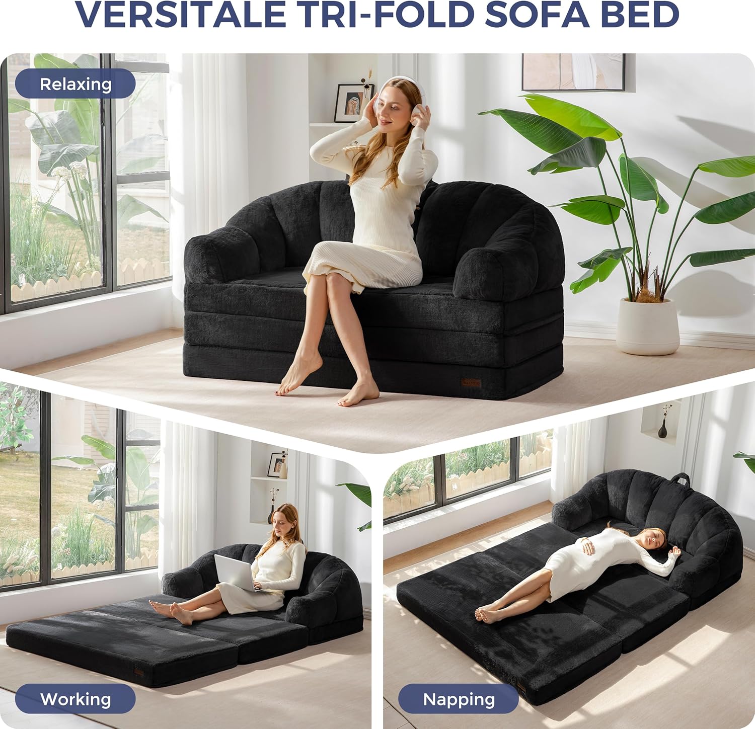 MAXYOYO Folding Sofa Bed, 2 in 1 Convertible Sofa to Lounger Comfy Loveseat Bean Bag Chair for Adults, Floor Sleeper Couch with Handle, Faux Fur Couch Bed for Living Room Bedroom, Black, Loveseat
