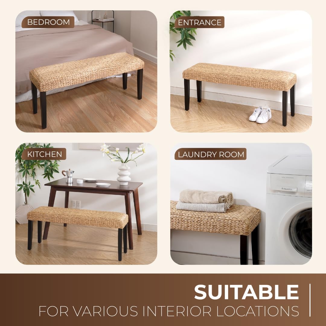 End of Bed Bench for Bedroom, 47" Entryway Bench with Solid Wood Acacia, Water Hyacinth Indoor Bench Seat, Boho Woven Bench for Living Room, Wicker Bench for Hallway or Kitchen, Wood Bench (Black Leg)