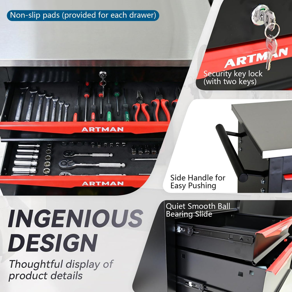 6-Drawer Rolling Tool Chest with Stainless Steel Countertop, Tool Chest with Secure Locking System, Mobile Storage Tool Cabinet with 360°Wheels and Padded Feet for Garage,Home (Black+Red)