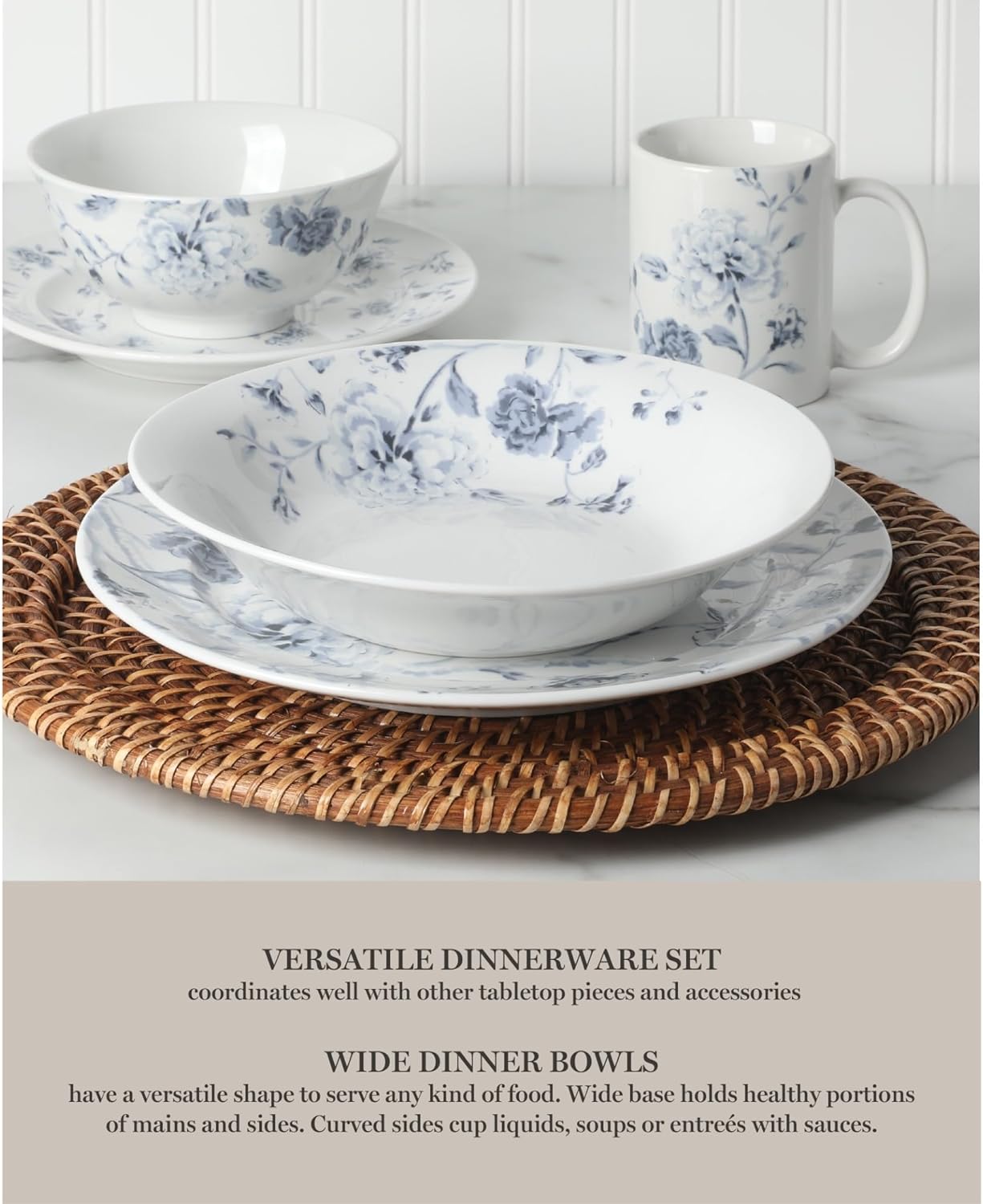 Martha Stewart Empress Bouquet 30 Piece Decorated Porcelain Chip and Scratch Resistant Dinnerware Plates and Bowls Set - Blue Floral