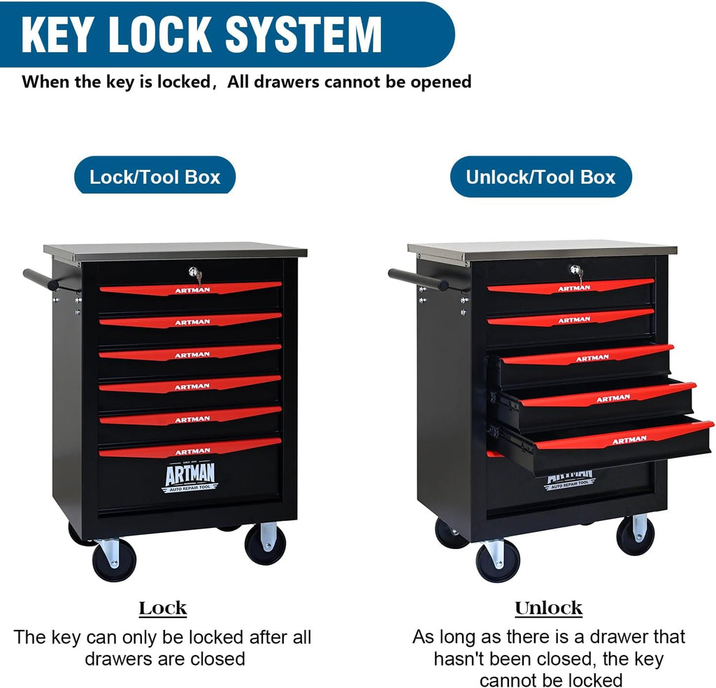 6-Drawer Rolling Tool Chest with Stainless Steel Countertop, Tool Chest with Secure Locking System, Mobile Storage Tool Cabinet with 360°Wheels and Padded Feet for Garage,Home (Black+Red)