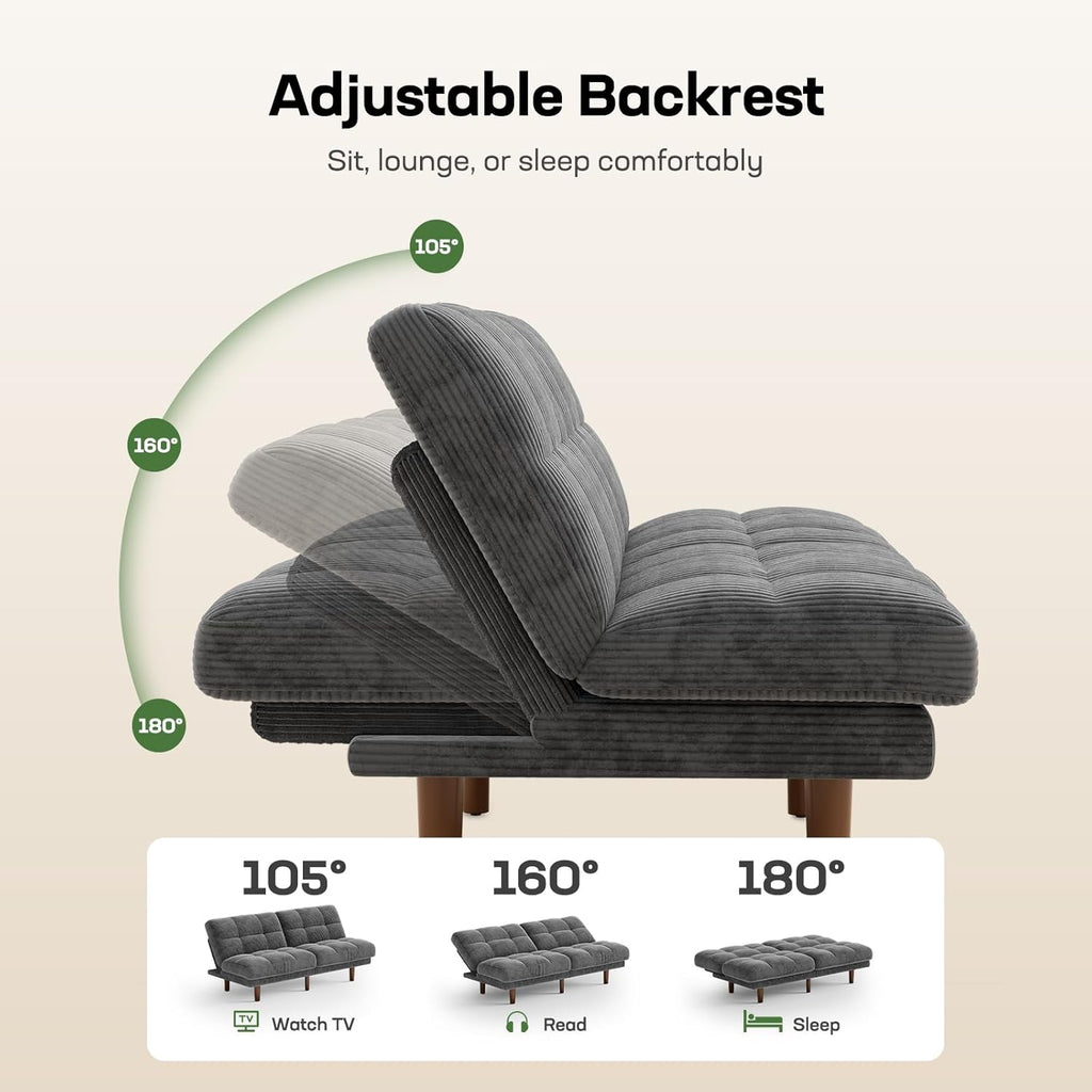 Marsail 65" Futon Sofa Bed, Convertible Small Recliner Sleeper Sofa Bed with Adjustable Backrest, Corduroy Loveseat Futon Couch for Small Apartments, Living Room Office, Guest Room (Grey)