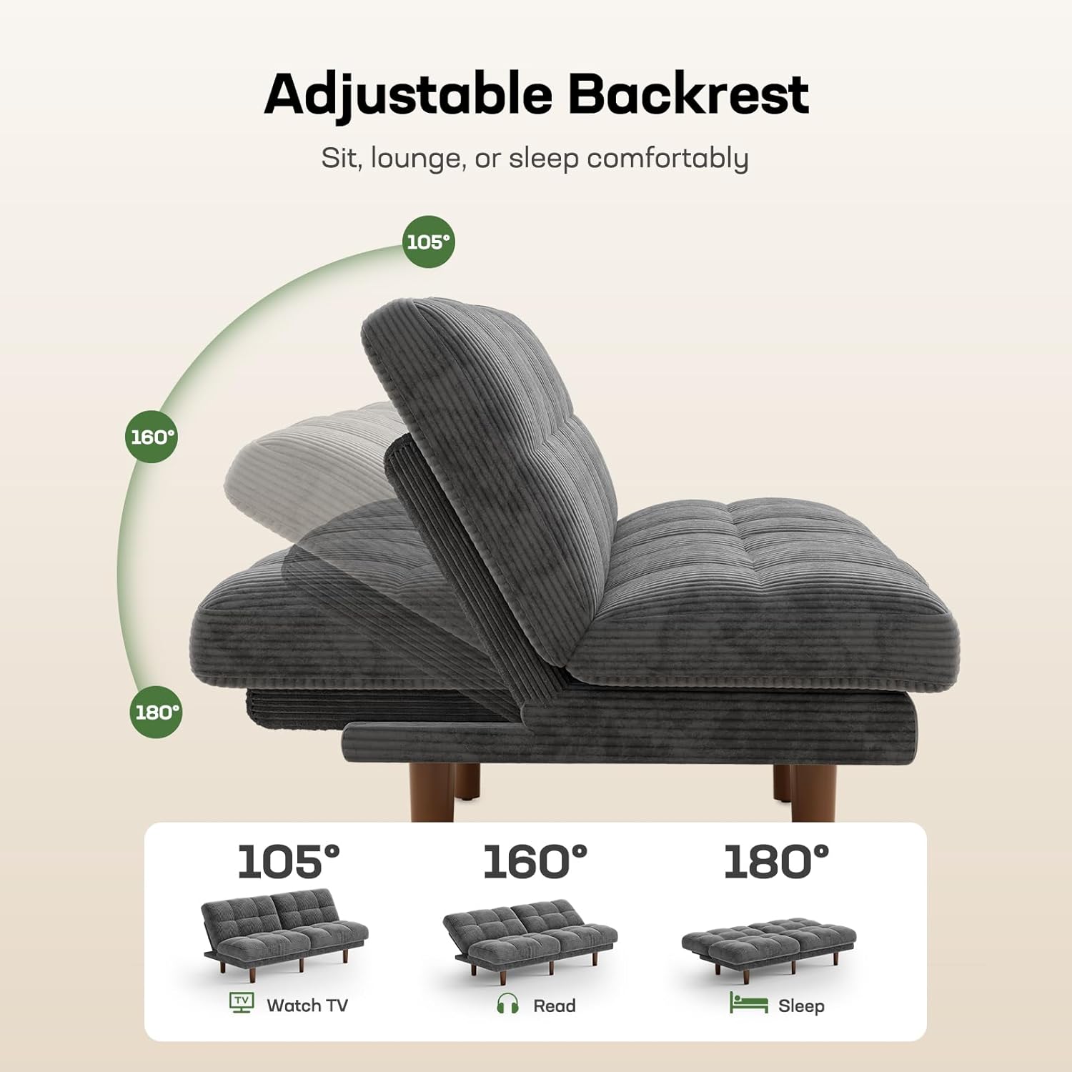 Marsail 65" Futon Sofa Bed, Convertible Small Recliner Sleeper Sofa Bed with Adjustable Backrest, Corduroy Loveseat Futon Couch for Small Apartments, Living Room Office, Guest Room (Grey)