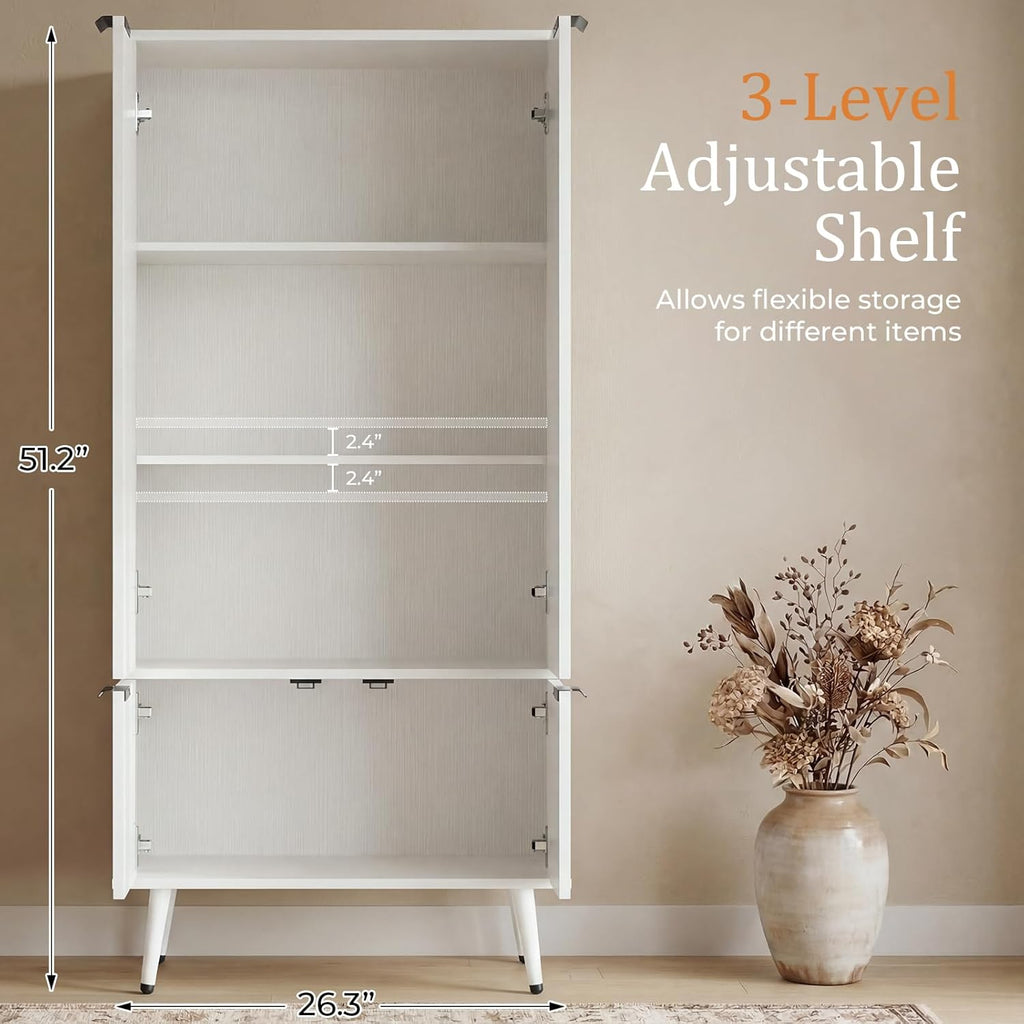 Foxemart White Fluted 51" Tall Wooden Kitchen Pantry Storage Cabinet Food Organize with Adjustable Shelves, Modern Accent Cabinet Sideboard Buffet for Dining Room, Entryway, Bathroom, Home Office