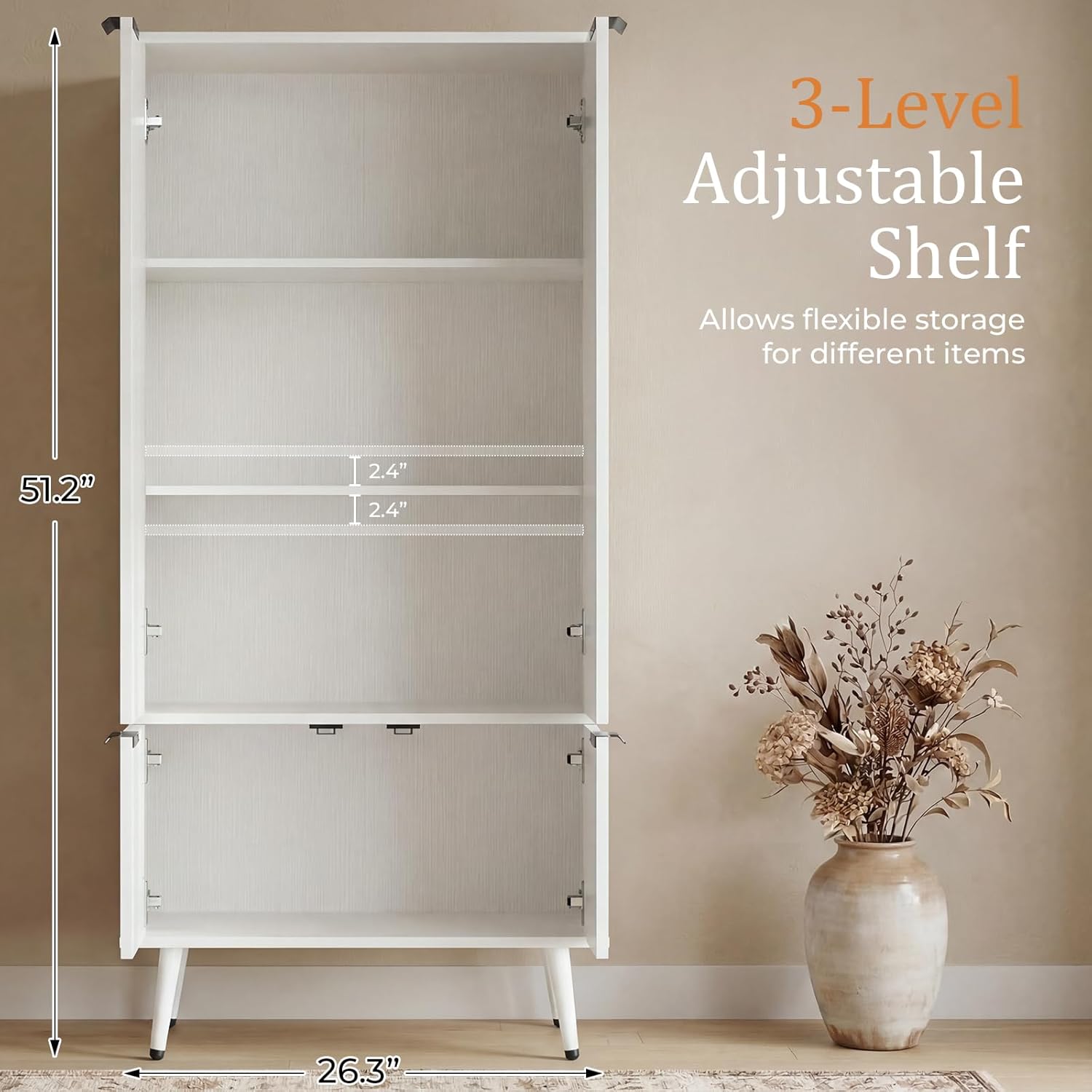 Foxemart White Fluted 51" Tall Wooden Kitchen Pantry Storage Cabinet Food Organize with Adjustable Shelves, Modern Accent Cabinet Sideboard Buffet for Dining Room, Entryway, Bathroom, Home Office