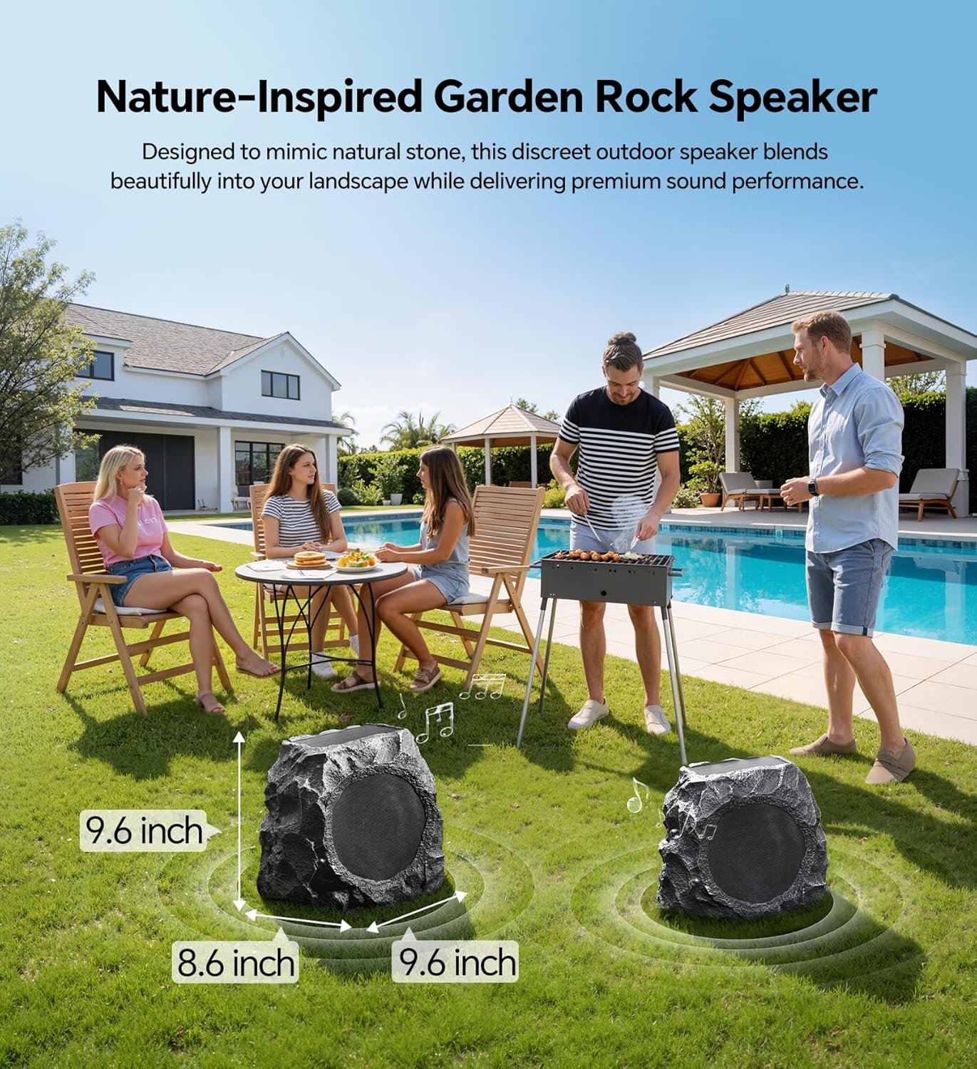 Upgraded Outdoor Rock Speaker 60W Deep Bass Multi-Sync up to 100Pcs, Remote Control, IPX7 Waterproof Solar-Powered Bluetooth Speaker Perfect for Pool, Garden, Patio, Ideal for Music Lovers - 2 Packs