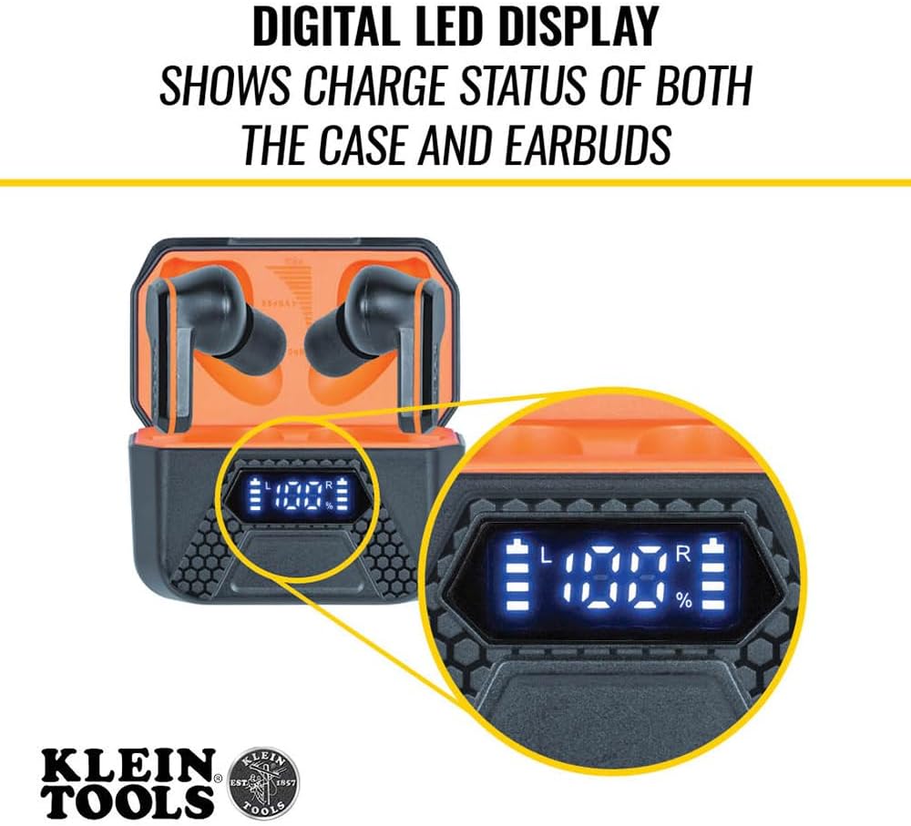 KLEIN TOOLS AESEB2 Elite Bluetooth Jobsite Earbuds, True Wireless Earplugs, 25dB NRR Hearing Protection, 24-Hour Playtime, Digital LED Display