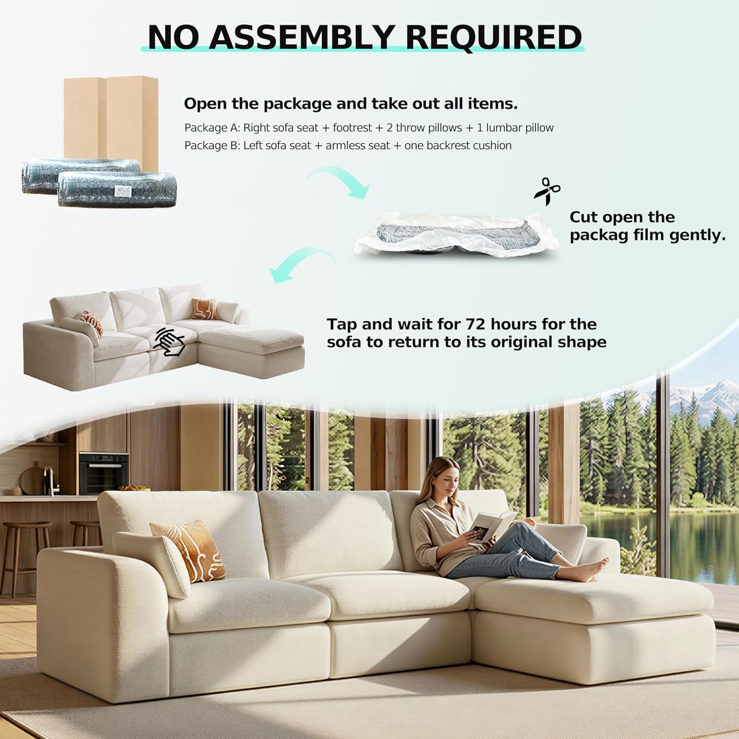 108" Modern Cloud Couch, Plush L Shaped Sectional Couch with Ottoman, Comfy Boneless Couch Modular Sofa, High-Density Memory Foam Deep Seat, No Assembly Required, Pet-Friendly, White