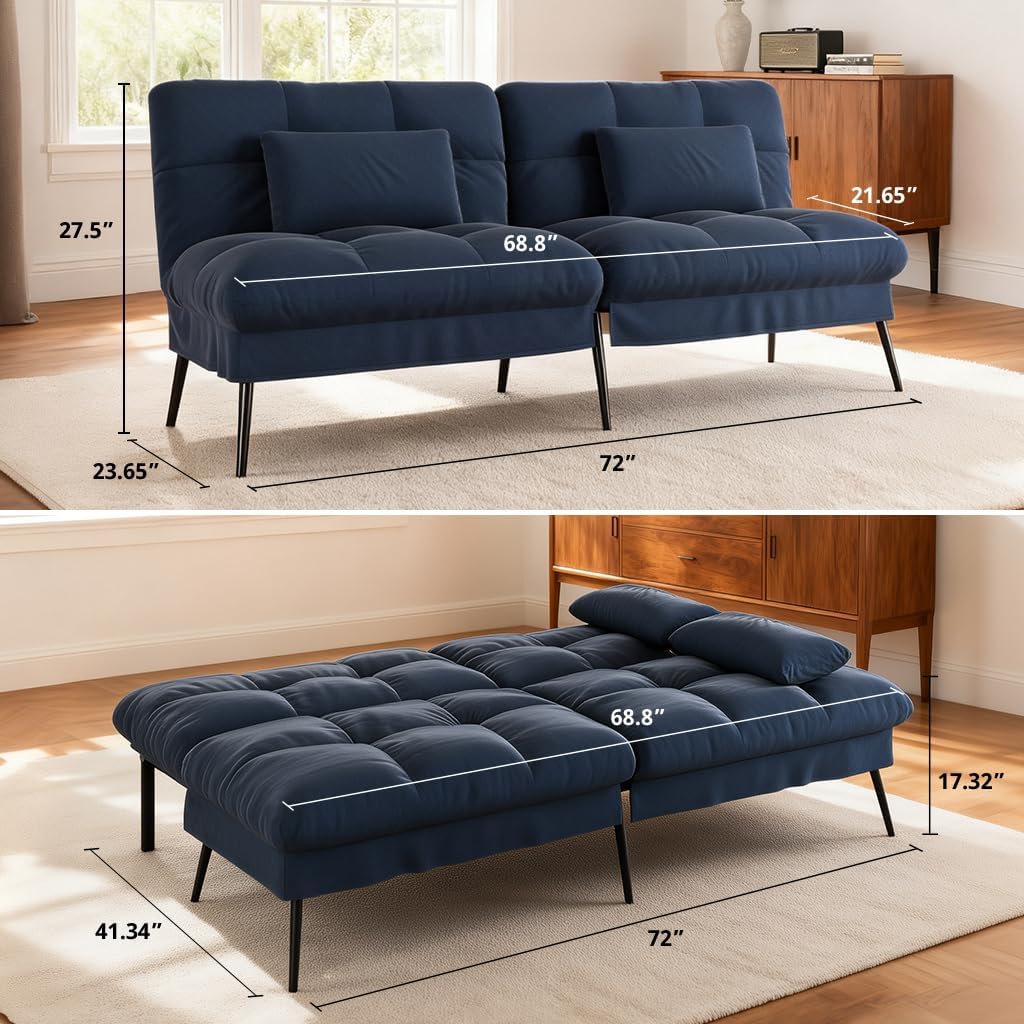 COMHOMA Convertible Sofa Bed,72″Fabric Couch with Adjustable Backrest,Loveseat Recliner Sleeper Living Room Furniture futon Set (Blue)