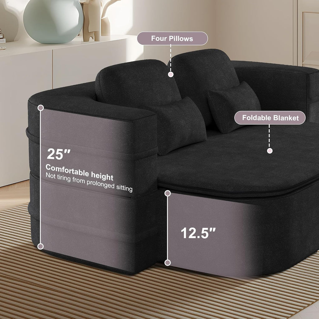 75'' Folding Sleeper Sofa Bed, Convertible Memory Foam Boneless Couch, Foldable Full Size Guest Bed, Modern 2-in-1 Futon Floor Sleeper Sofa with 4 Pillows and Blanket (Chenille, Black1)