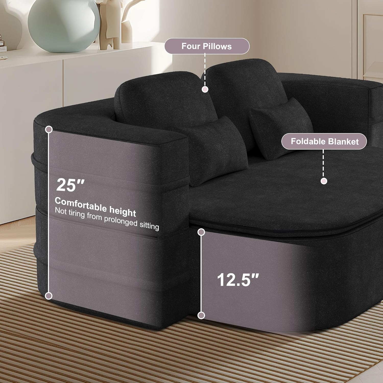 75'' Folding Sleeper Sofa Bed, Convertible Memory Foam Boneless Couch, Foldable Full Size Guest Bed, Modern 2-in-1 Futon Floor Sleeper Sofa with 4 Pillows and Blanket (Chenille, Black1)