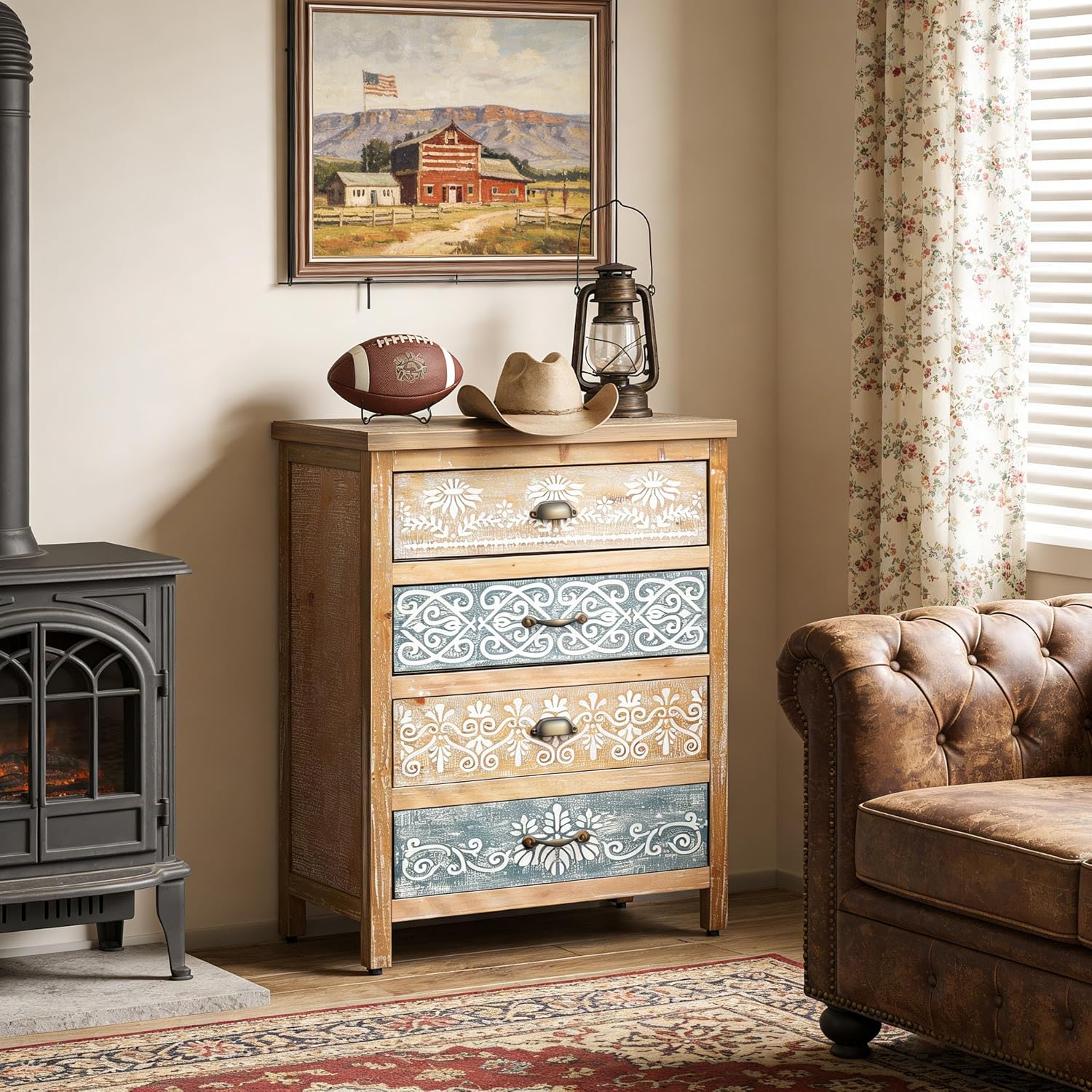 Boho Small Accent Cabinet with Hand-Painted Floral Drawers | Rustic Wood Storage Cabinet with 4 Drawers | Decorative Entryway Cabinet for Living Room, Dining Room, Kitchen | Solid Fir Wood Frame
