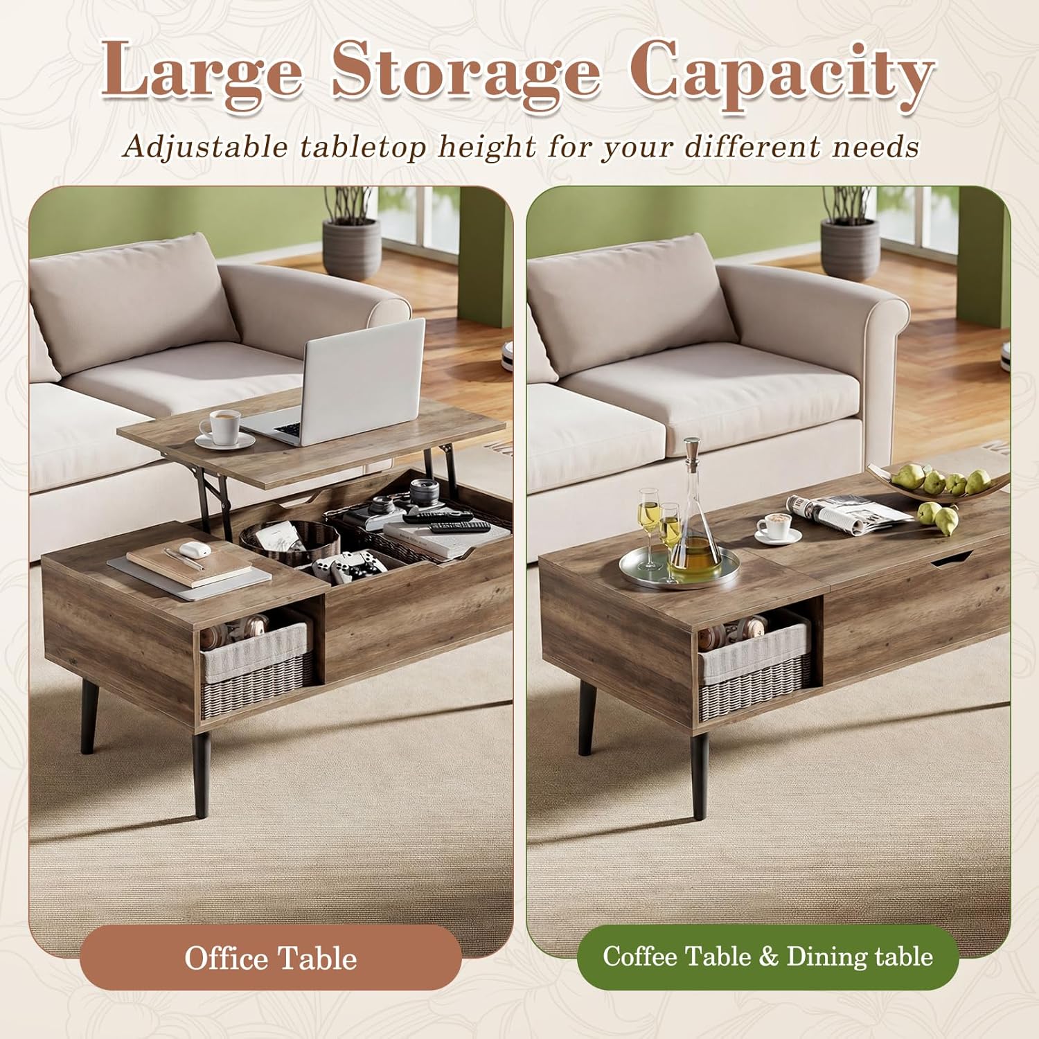 OLIXIS Wooden Coffee Table, Lift Top Coffee Table with Large Hidden Compartment and Ample Storage Shelf, Lift Tabletop Dining Table for Living Room, Home Small Space, Grey