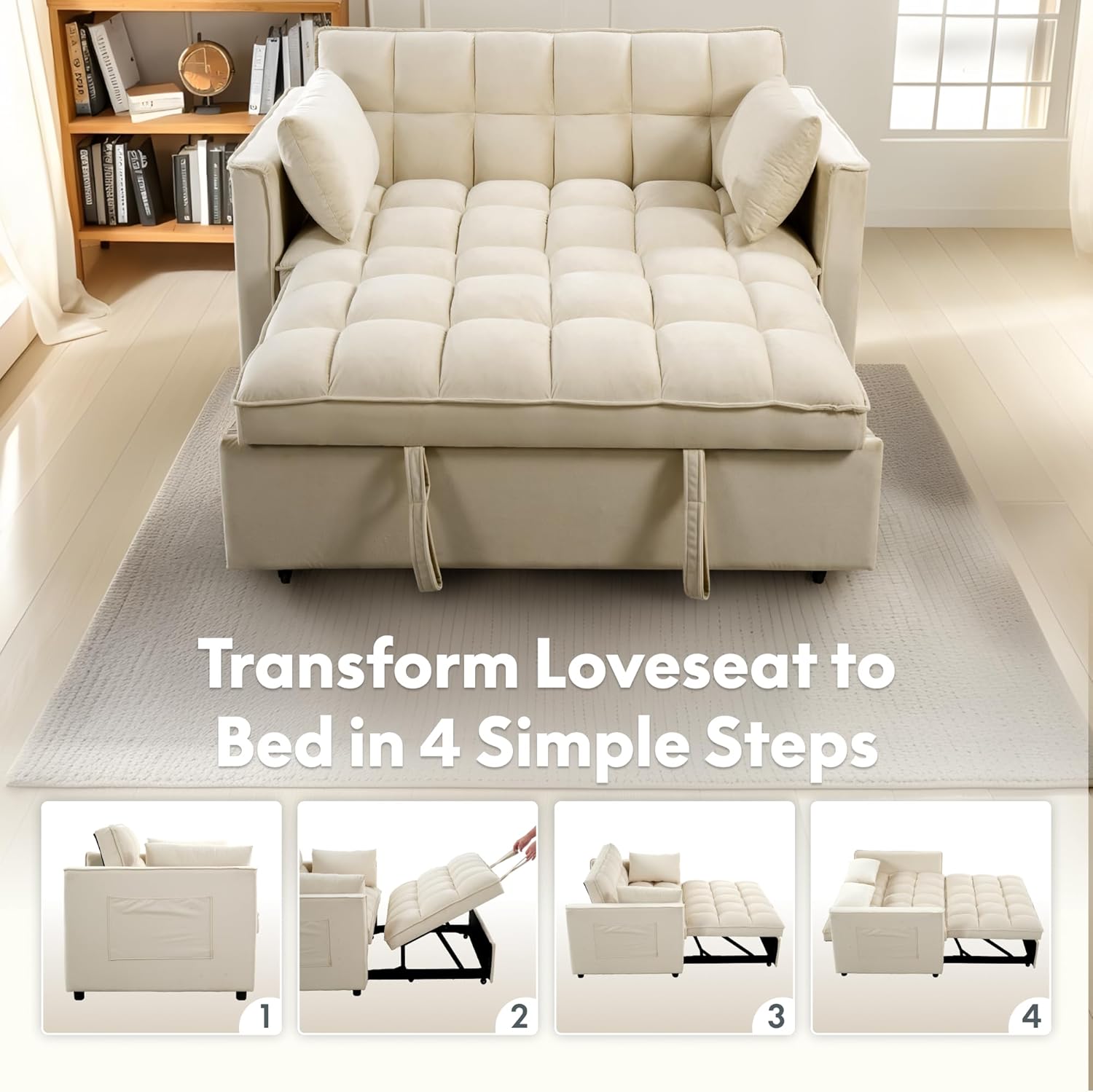 FLEXISPOT XCT4 Pull Out Couch, 3-in-1 Sleeper Sofa Bed with Adjustable Backrest, Loveseat Sleeper with Pillows & Side Pockets, Convertible Futon Couch for Small Spaces Guest Room Apartment, Cream