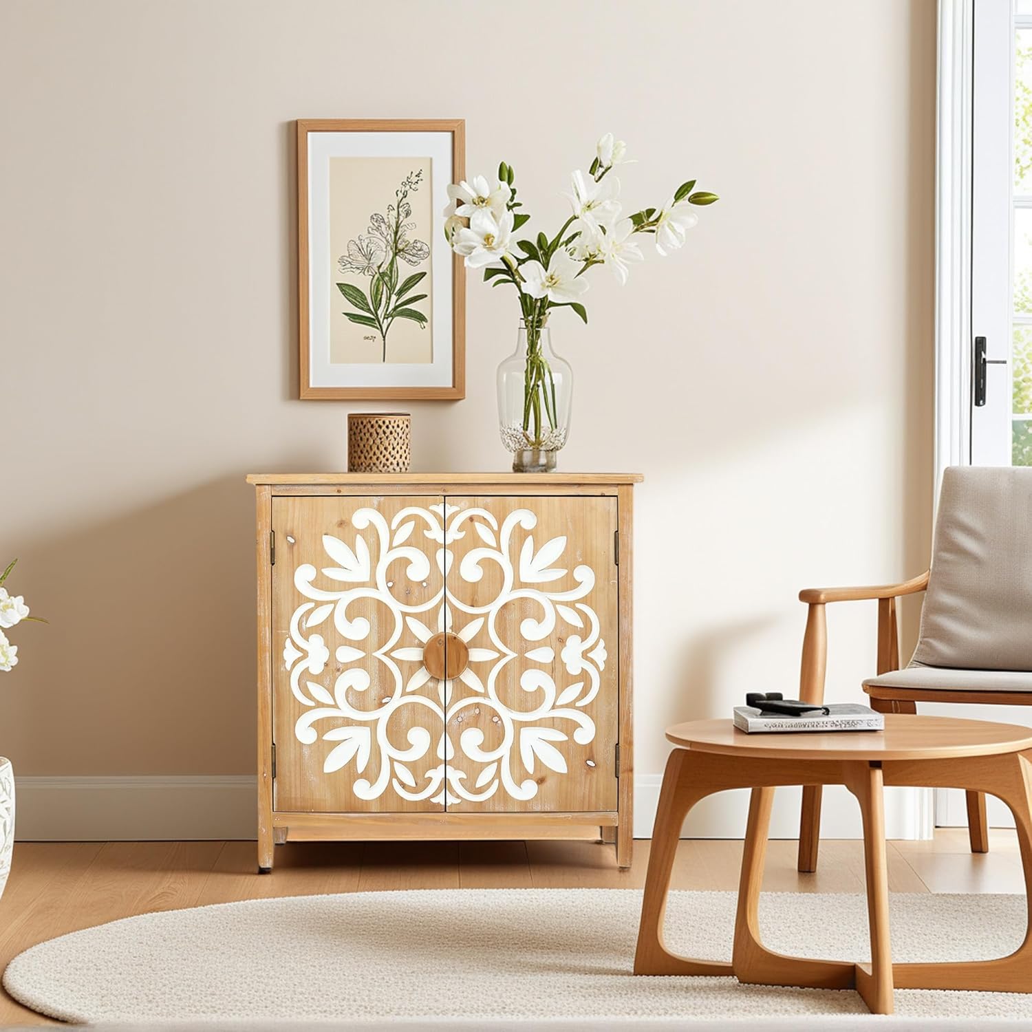 Small Entryway Cabinet with Storage - Farmhouse Cabinet for Living Room, Decorative Storage Cabinet with Floral Carvings, Antique Brown & White Accent Cabinets