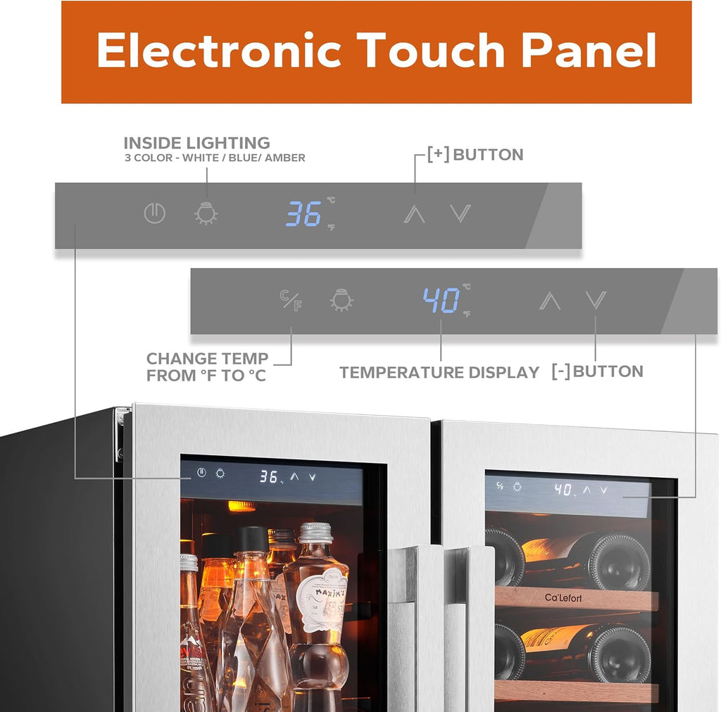 Ca'Lefort 24 Inch Wine and Beverage Refrigerator - 60 Can and 20 Bottle Wine Fridge Dual Zone 36-72°F, 3 LED Beverage Cooler Built in or Freestanding, Perfect for Home/Kitchen(4.10 cu.ft)