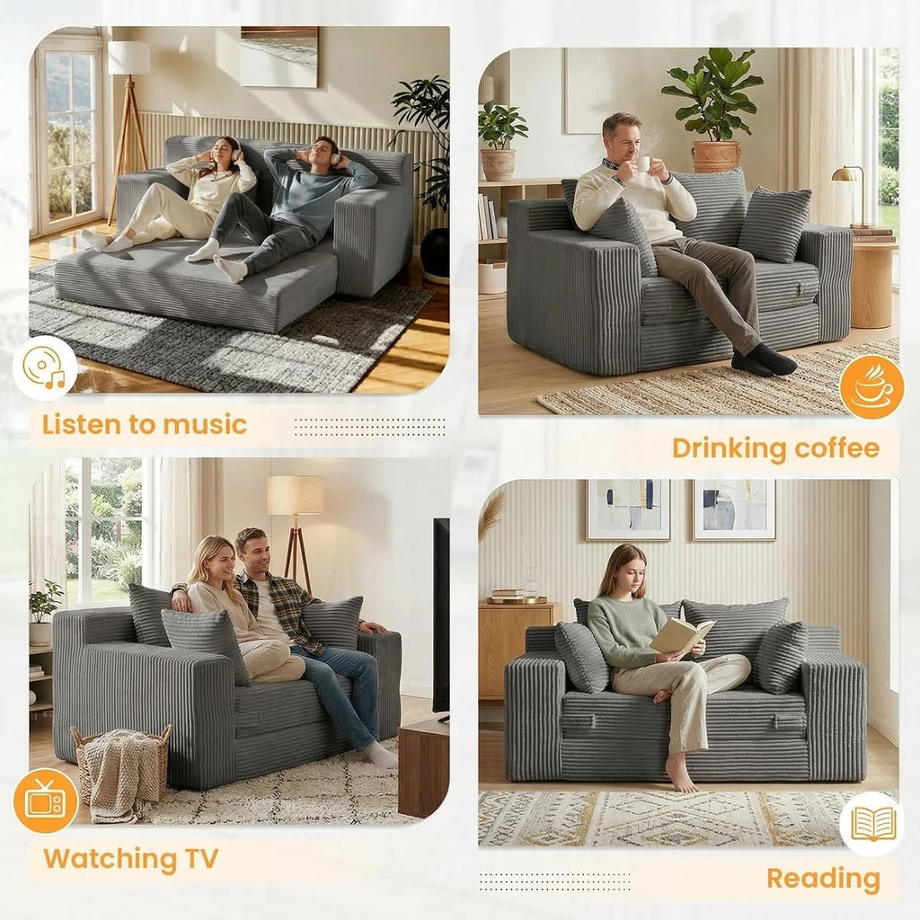 Winzon Boneless Loveseat, 3 in 1 Convertible Sofa Bed Sleeper Sofa Floor Futon Bed with 4 Pillows, 55" Grey Boneless Couch for Living Room, Guest Room, Small Space, No Assembly Required, Corduroy
