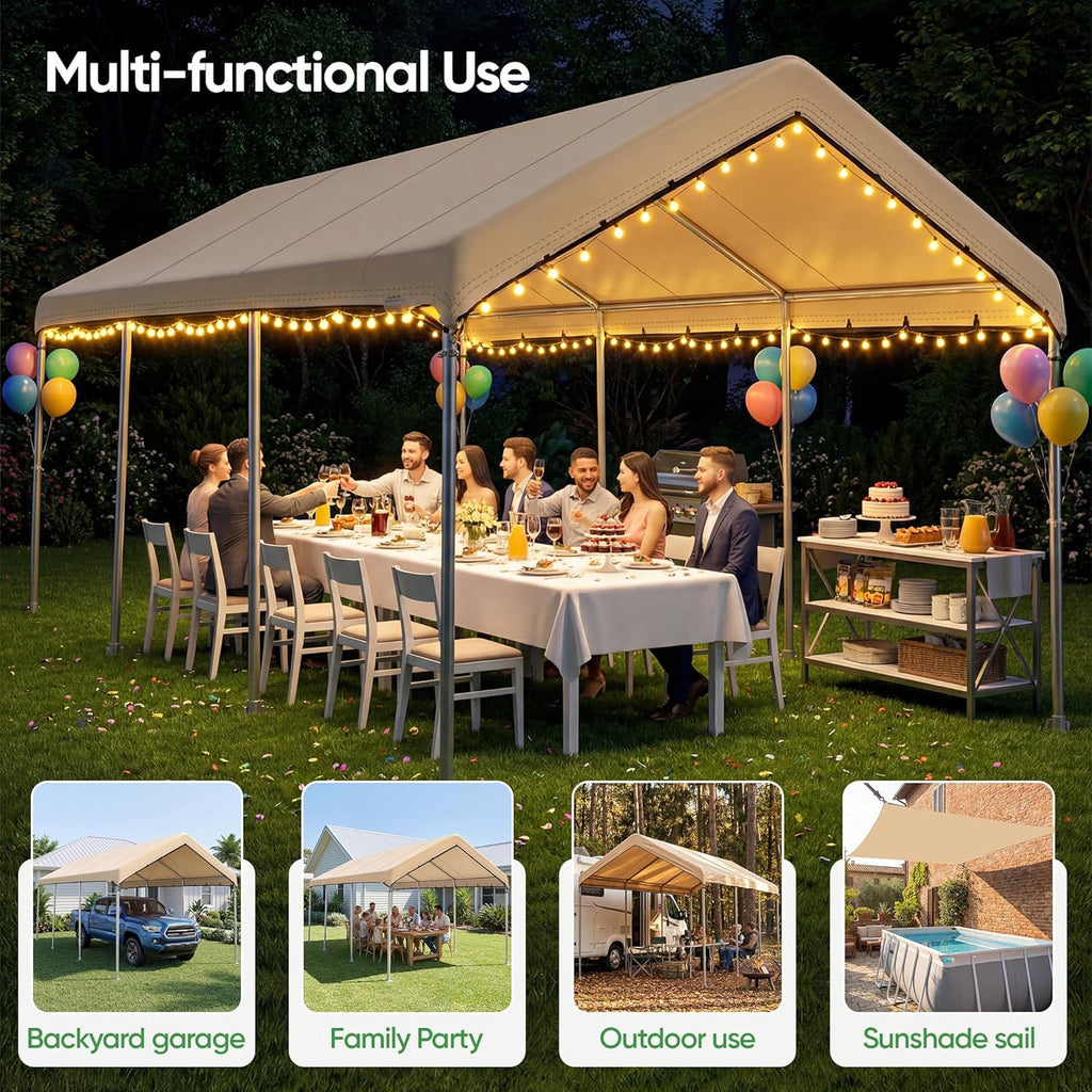 SIHAIAN 10 x 20 Ft Carport Replacement Canopy Cover(No Frame), Easy to Set up Carport Canopy, 500D Heavy-Duty Garage Top Tent Shelter Tarp Waterproof and UV Protected (Only Canopy Cover) Beige