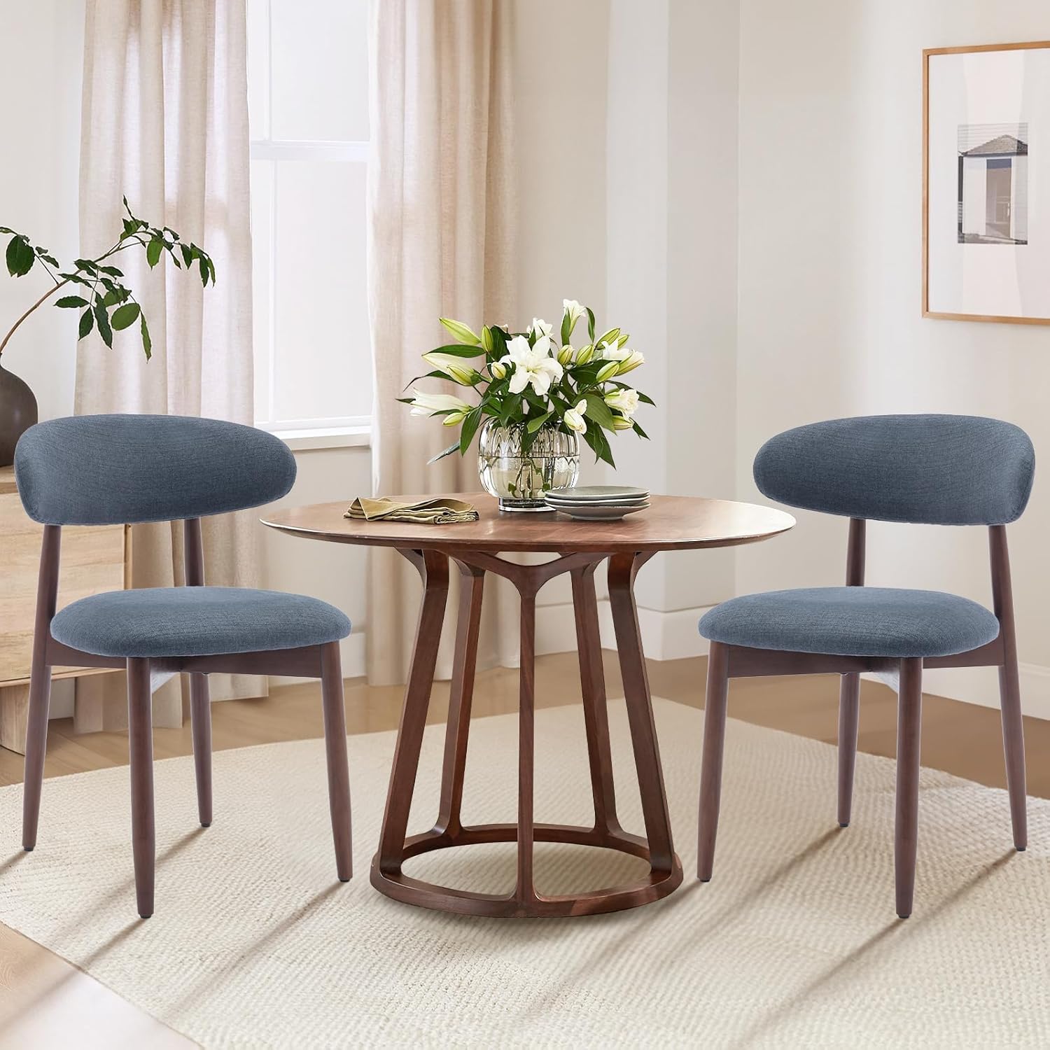 COLAMY Wooden Dining Chairs Set of 4, Modern Fabric Upholstered Dining Room Chair, Farmhouse Kitchen Side Chairs with Foot Pegs, Blue