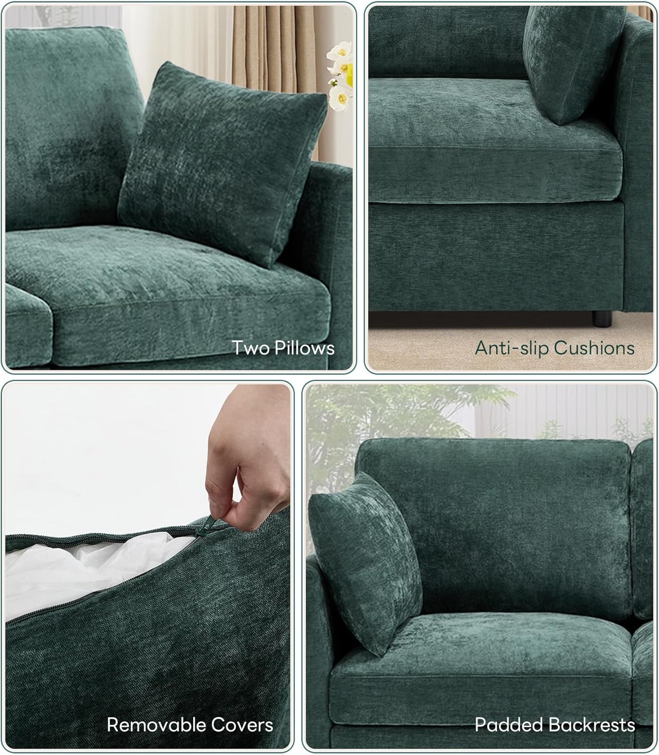 Iroomy Modular Sectional Couch for Living Room, Spring Cushion Seating, Modern Convertible Cloud Sofa with Ottoman, Green | Convertible, Balanced Comfort, Soft-Strong Chenille, Apartment-Friendly