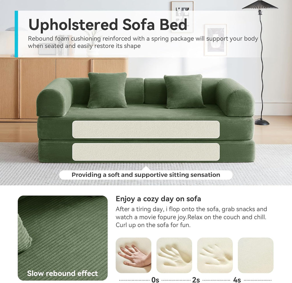 Convertible Floor Sofa Bed with Fixed-Shape Frame, King Size Floor Sleeper 5-in-1 DIY Combination Modular Sofa, Modular Chenille Folding Mattress Couch for Living Room Bedroom Playroom (Green)