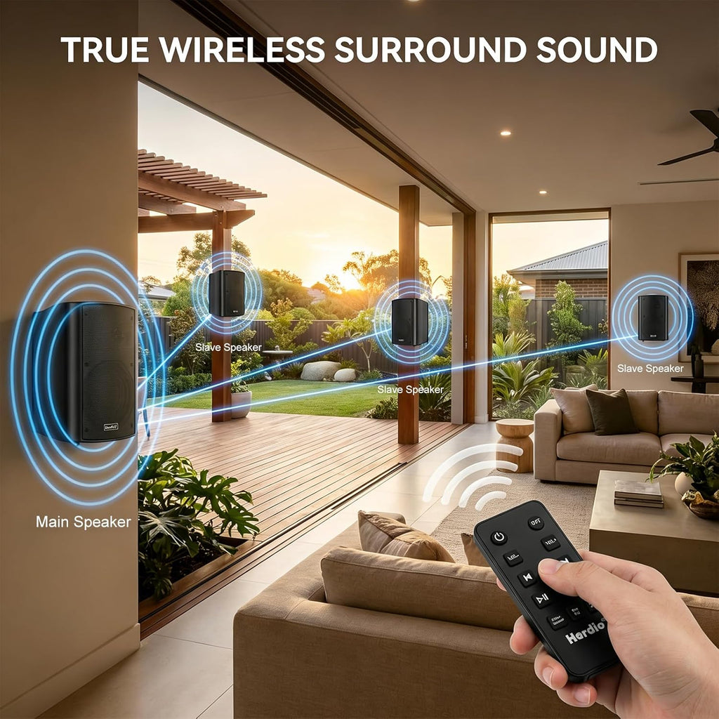 Herdio 6.5" 400W Outdoor Bluetooth Speakers, IPX5 Waterproof Rating and Be Able to Wireless Multi-Connection Up to 20 Units for Patio/Porch/Balcony (Black, 2-Pack)