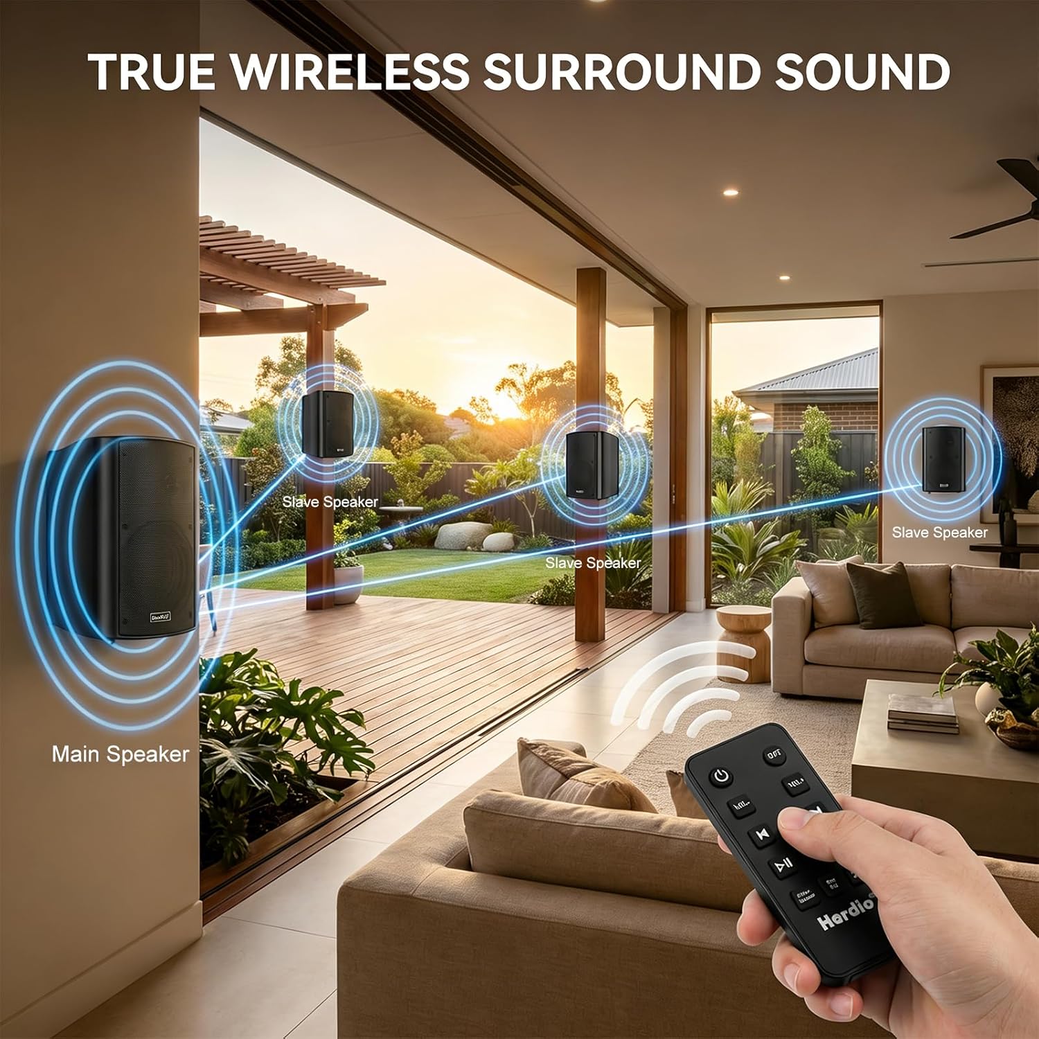 Herdio 6.5" 400W Outdoor Bluetooth Speakers, IPX5 Waterproof Rating and Be Able to Wireless Multi-Connection Up to 20 Units for Patio/Porch/Balcony (Black, 2-Pack)