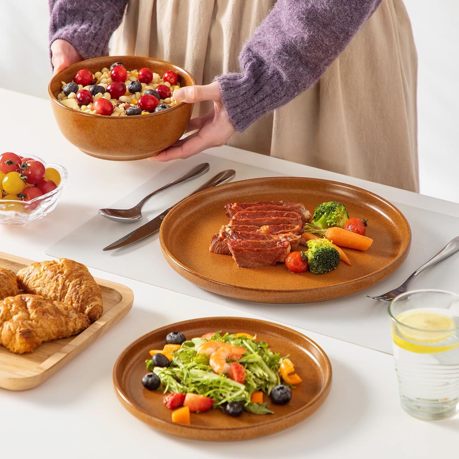 vancasso Plates and Bowls Sets, 18 Pieces Modern Ceramic Dinnerware Set for 6, Dish Set for Kitchen, Dinner Set Stoneware Dishware Set Microwave and Dishwasher Safe, Yellow, Series ZERMATT