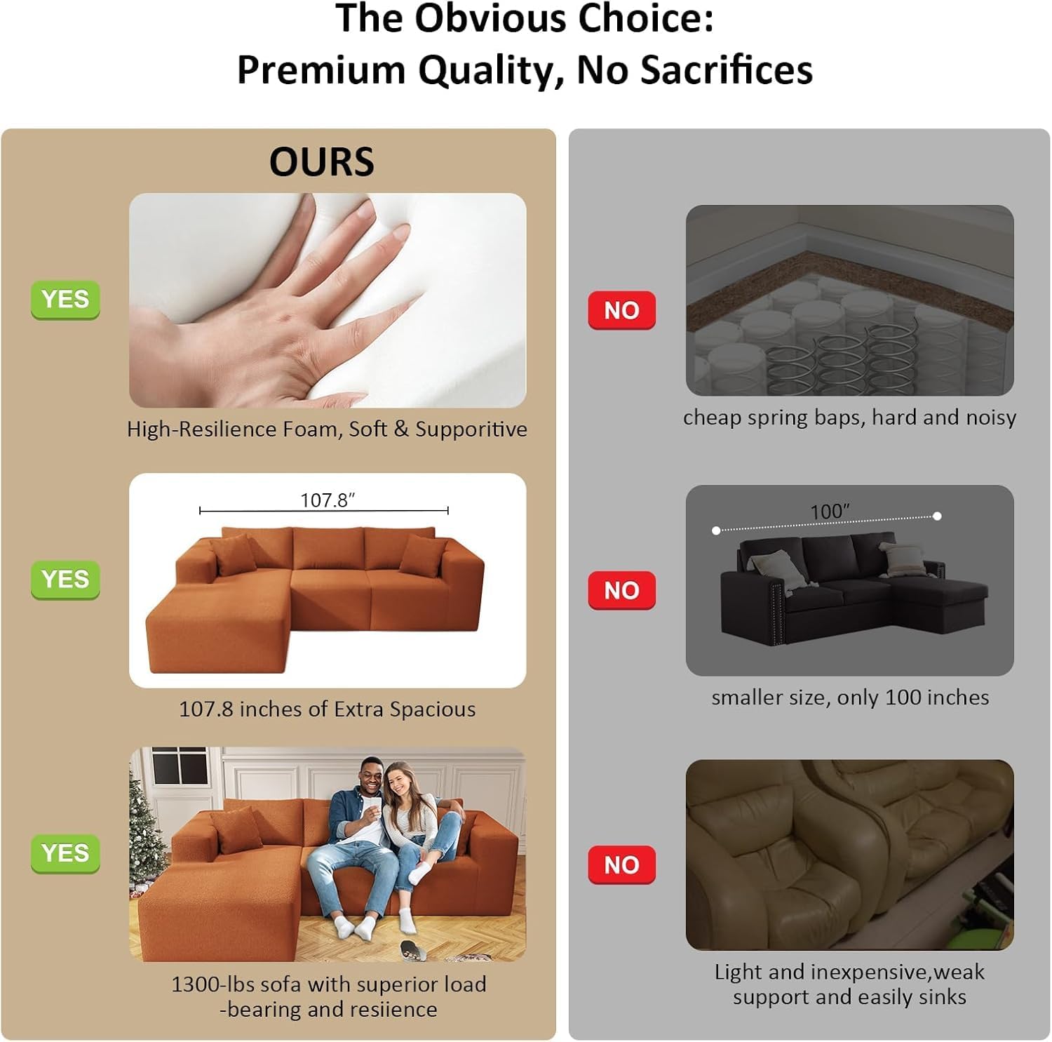 108" Orange Boneless Cloud Couches for Living Room L Shapes Sectional Sofa with Chaise Lounge, Comfy Teddy Fabric Memory Foam Couch Including Throw Pillow and Backrest - Removable Washable